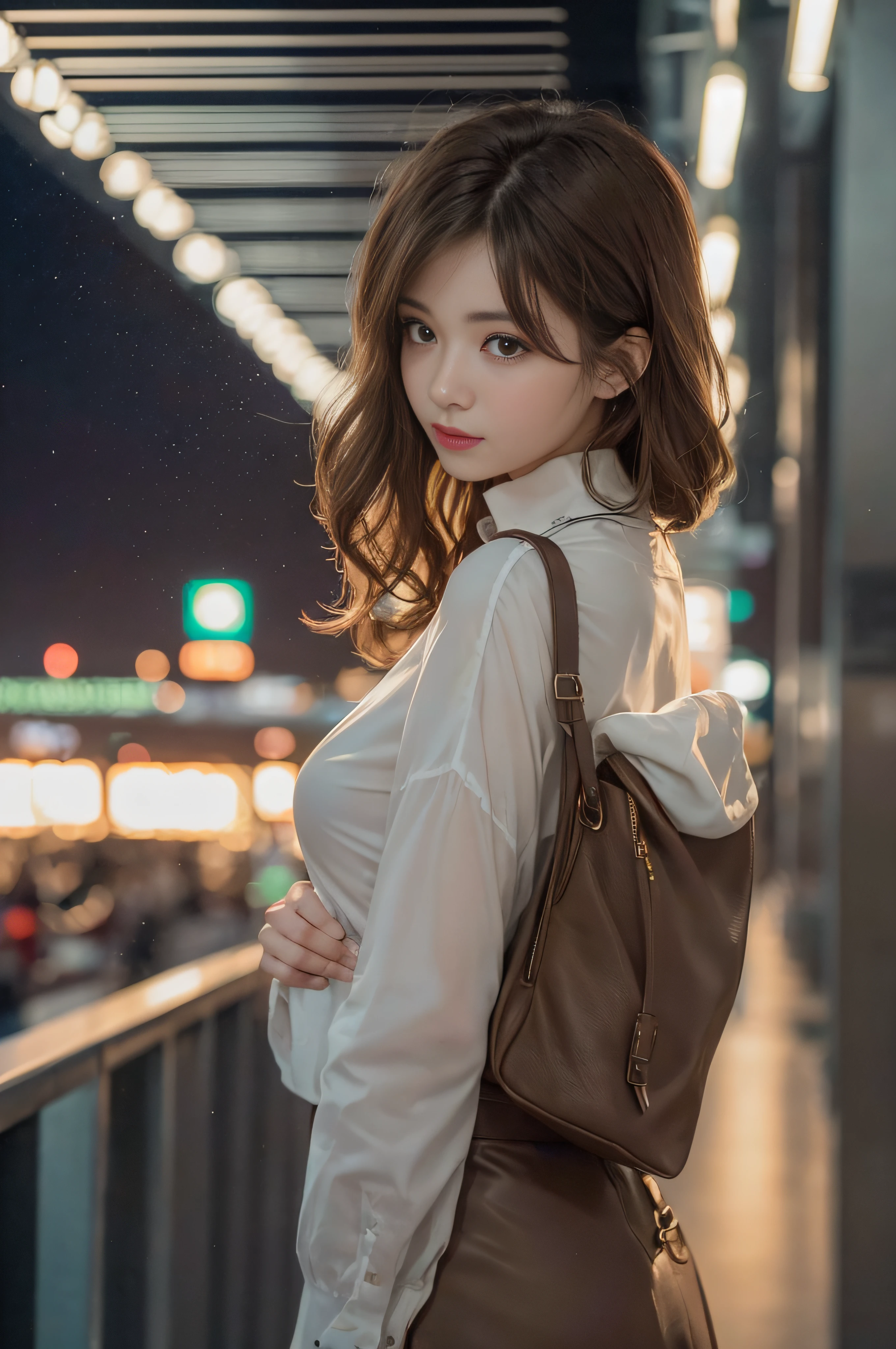 1womanl、Early 20s、(Strong-willed super beauty)、(ultra beautiful faces)、is standing、Wearing makeup、Wavy brown hair、(Airport at night:1.1)、Large windows at the departure gate、(Night view from the background window)、Shallow depth of field