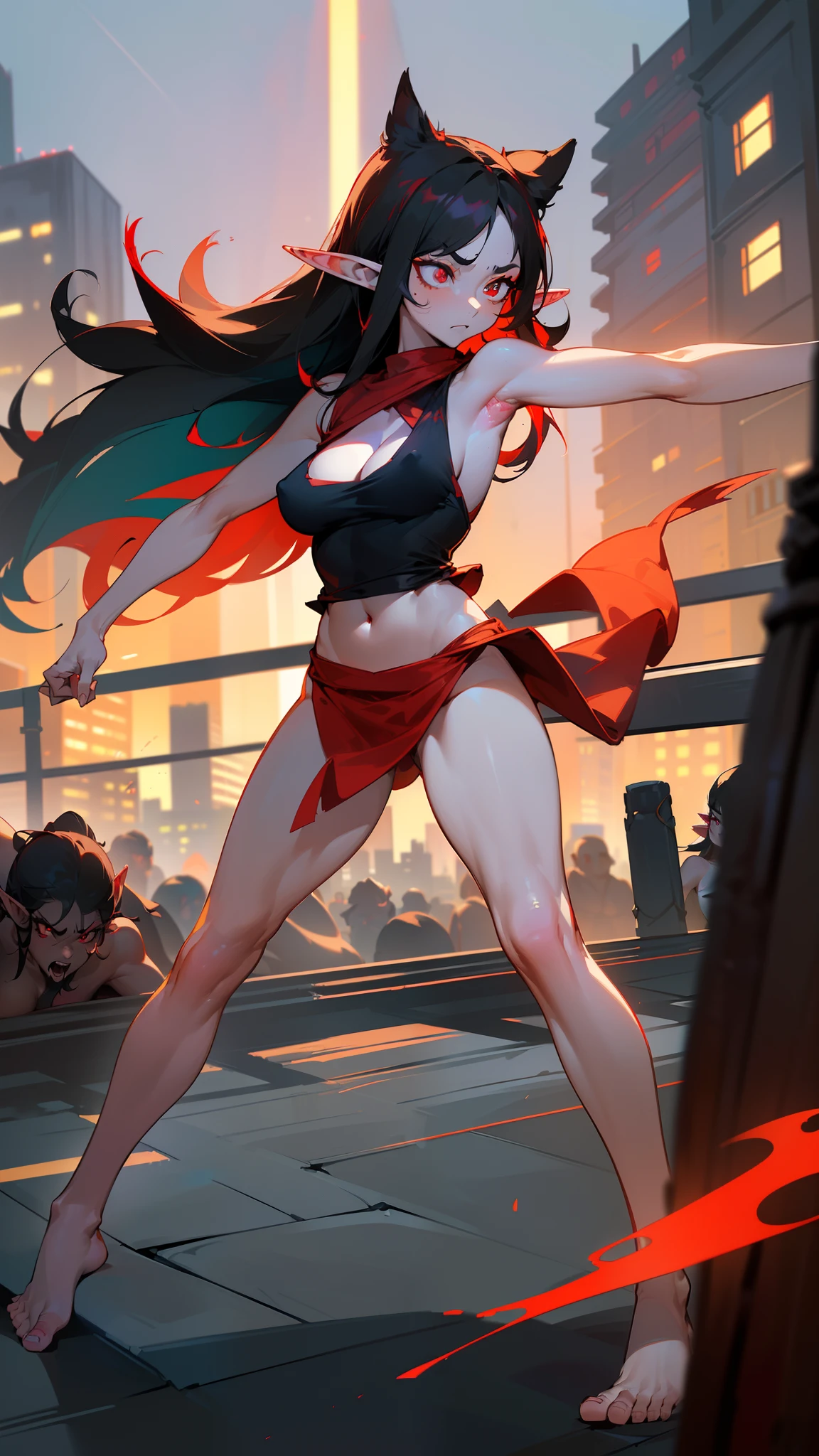 1woman ,30 years old,tall,fat body,angry face,(bare body),bare belly,sleeveless and shoulderless t-shirt,cleavage,medium breast,black hair,extra long hair,(((colored skinred eyes,detailed eyes,elf ear,red pupils,sexy body,mature body, attacking a city in night,bare foots