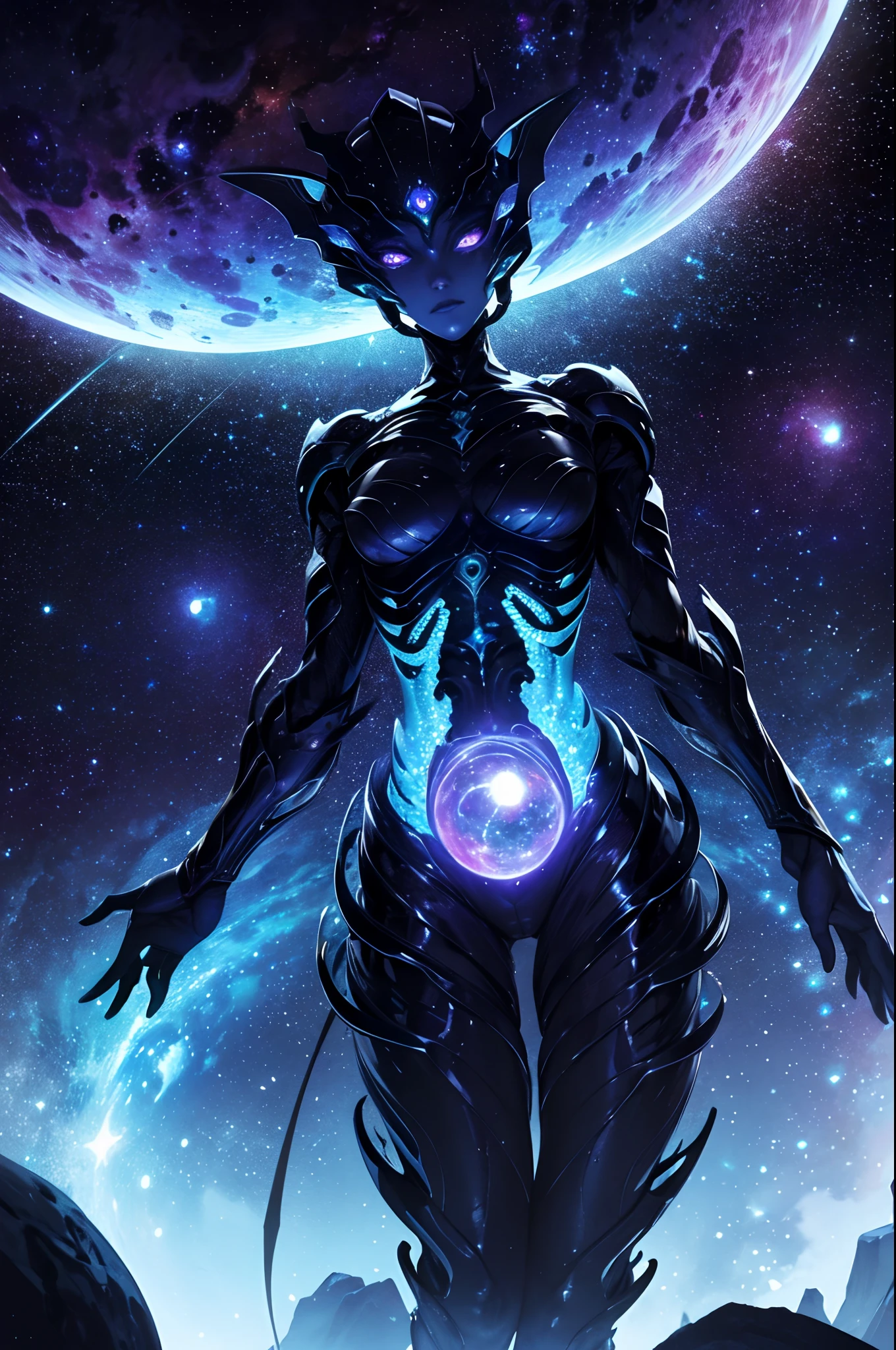 "cosmic entity": um ser com quatro olhos brilhantes, multiple arms, A breathtaking view from space reveals a twisted galaxy filled with strange life forms and entities that humans understand. Planet with night sky, fenda, leviathan, 8k, lindo, dramatic scene