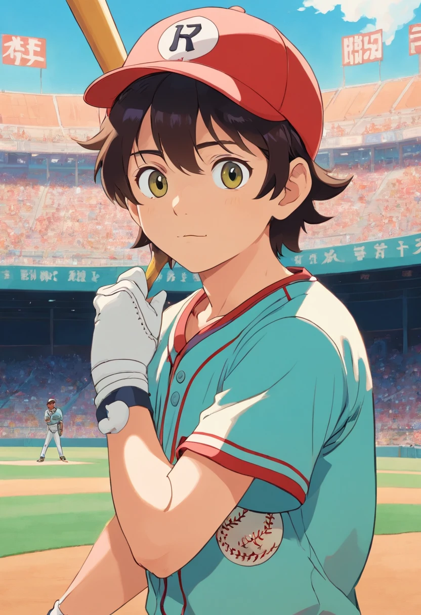 Boy in baseball uniform, Wearing a glove in his left hand, In the style of a quiet baseball stadium landscape, colorful animation stills, Masami Teraoka, aquamarine, paul gauguin, Embry style, Honest portrayal