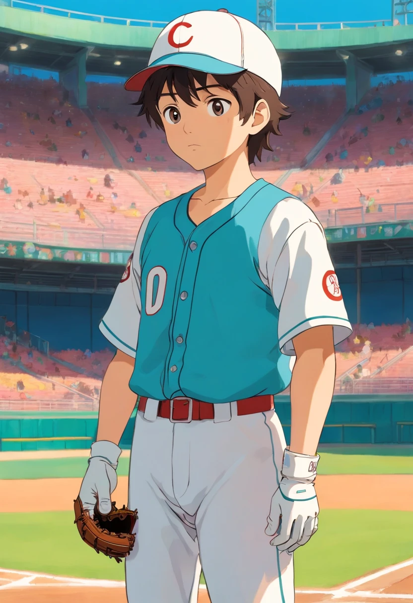 Boy in baseball uniform, Wearing a glove in his left hand, In the style of a quiet baseball stadium landscape, colorful animation stills, Masami Teraoka, aquamarine, paul gauguin, Embry style, Honest portrayal