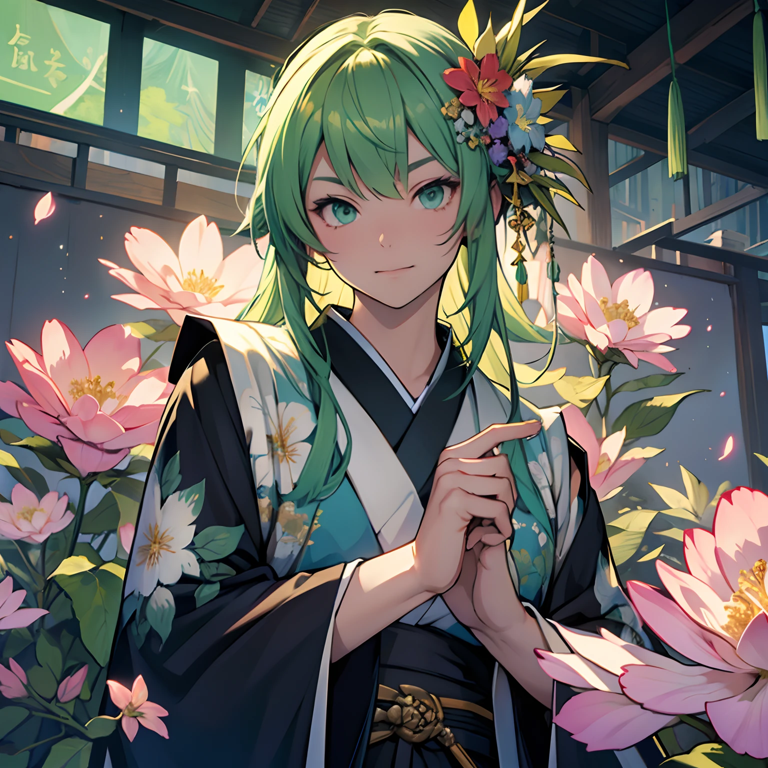 ((​masterpiece)),((top-quality))、Original Characters、neons、medieval times、Neat face、Green hair、Kimono、magia、Floral hair ornament、Dynamism