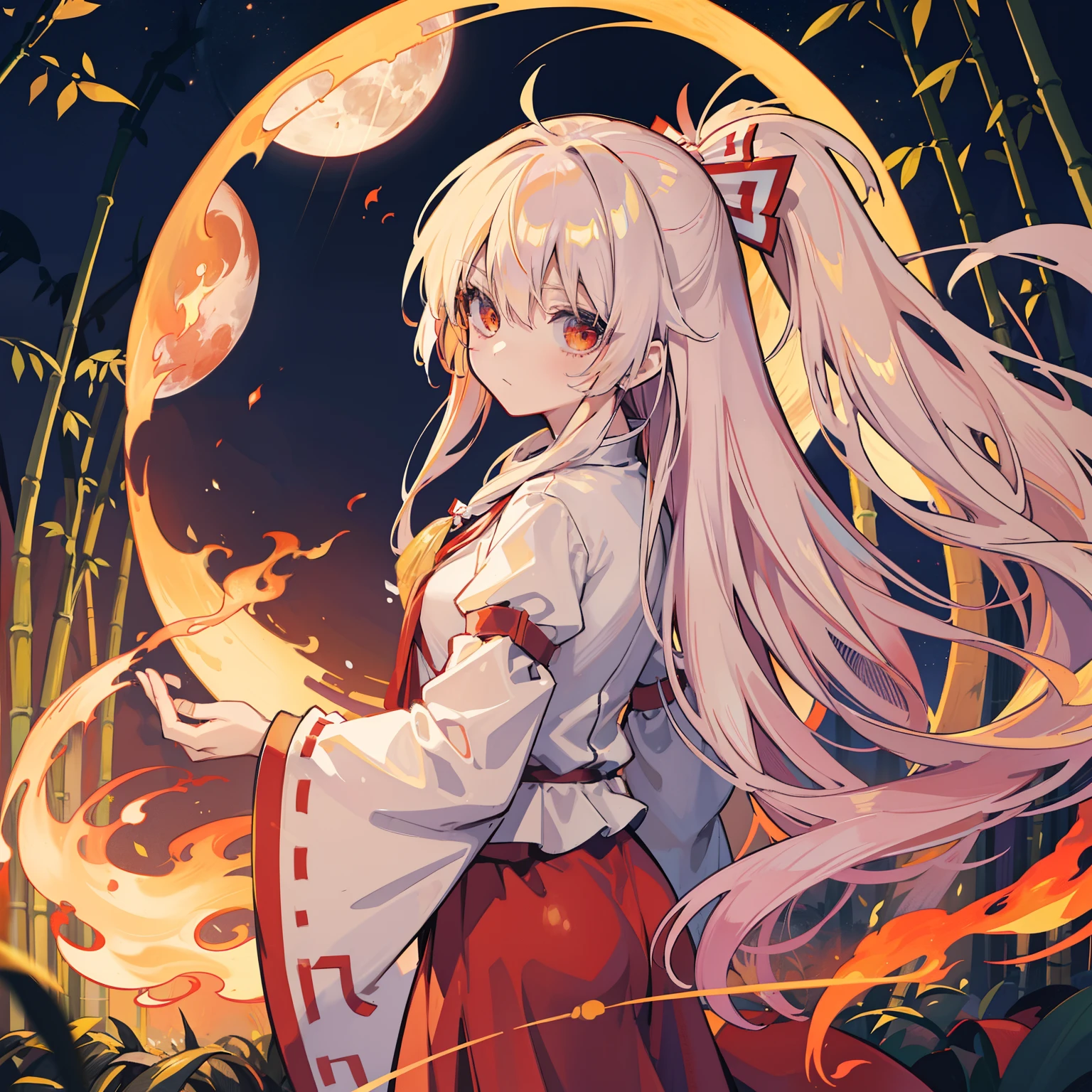 masutepiece, Fine detail, 4K, 8K, 12K, Solo, Solo, Beautiful Girl, caucasian female, Fujiwara no Mokou from Touhou Project, White hair, Long hair, Flame effect, bamboo forrest, nigh sky, fullmoon, Yellow Moon