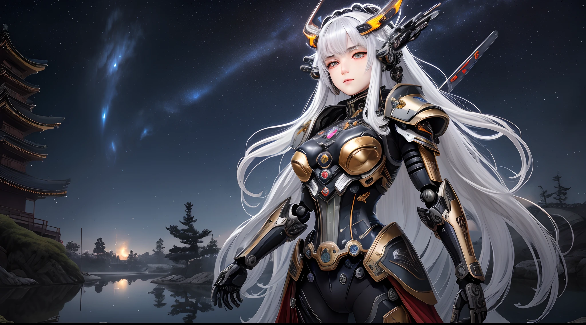 tmasterpiece, beste-Qualit, Ultra-detailed, very detailed illustrations, Extremely detailed, intricate detials, High, super complex details, extremely detailed 8K CG wallpapers, Cowboy shot, Caustic, reflection, ray traced, Demontema, nebula, dark aura, Cyber effect, (1girl: 1.4), 独奏, Odin, Mecha Museum, mechanicalparts, robot joints, Single mechanical arm, headdress, mechanical halo, Star halo, intricate mechanical jumpsuit, Fur corset, kimono, full armor, extra very long hair, white colored hair, Hair between the eyes, multi-colored hair, Colored inner hair, red-eyes, glowing eye, Eye trace, Random expressions, Random action, Ancient Japanese architecture, pond, a starry sky, horizon,