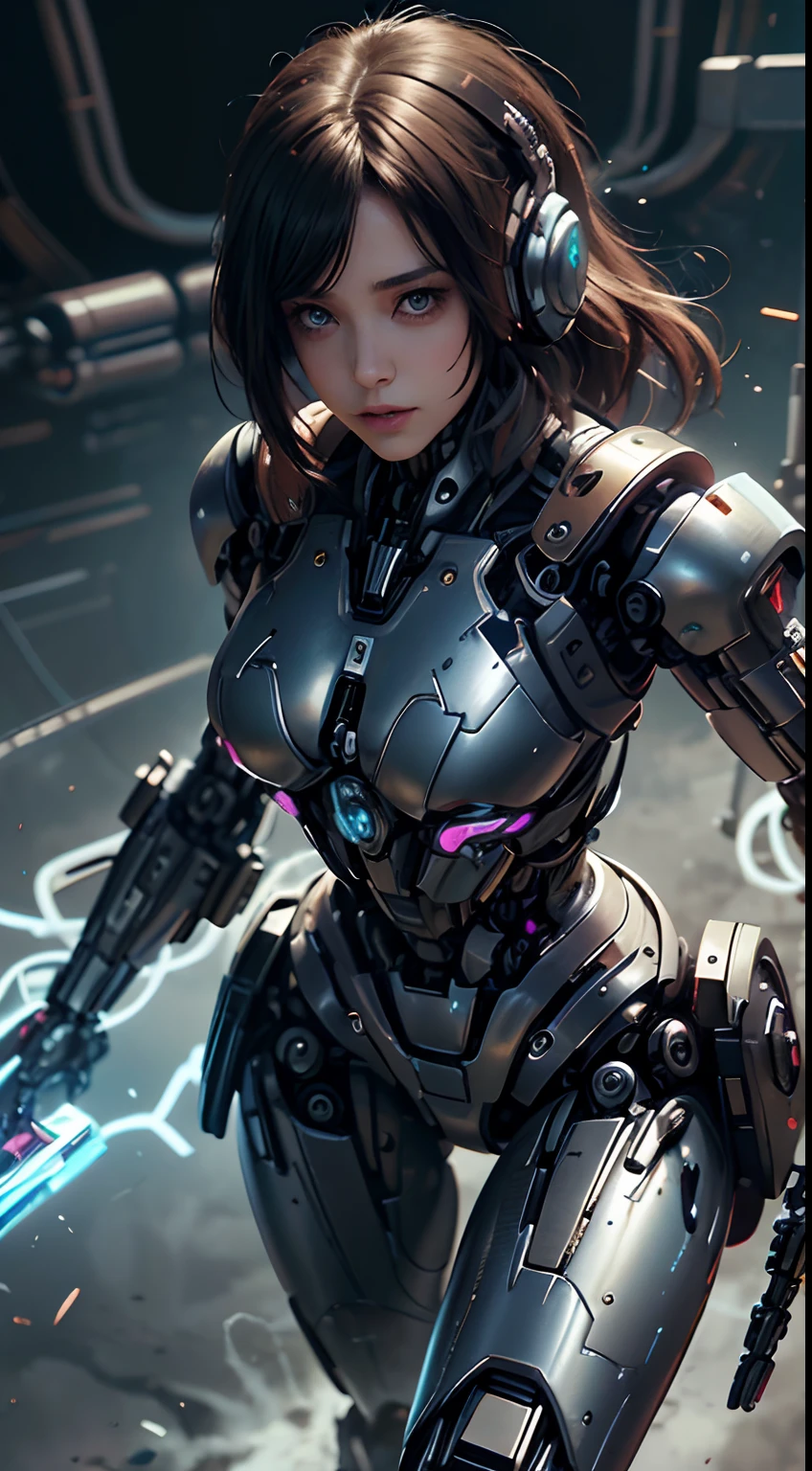 ,Hermosa chica detallada,Ojos 4k y cara extremadamente detallados,hermosos ojos labios rojos gruesos y calientes detallados,luz en la cara, Con pechos muy grandes y grandes con una pistola y una pistola en la mano, mechanized soldier girl, Cyberpunk anime chica mech, Chica Valquiria mecanizada, girl in mecha cyber armor, mecha hembra, fully robotic!! girlish, Chica de anime cyberpunk, Chica cyborg, wearing techwear and armor, Anime manga robot!! Chica anime, Perfecto anime cyborg mujer, Chica femenina de anime cyberpunk