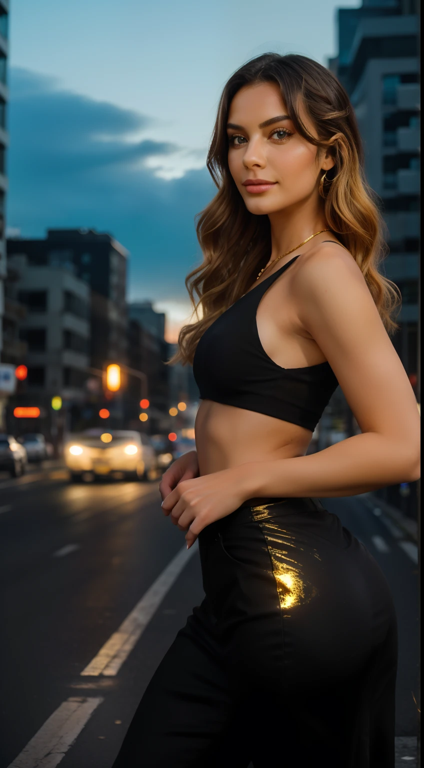 Let's create a scene based on your descriptions: SCENE: The camera shows a busy avenue. The sun is setting on the horizon, dyeing the sky in orange and golden hues. Traffic lights flash at a steady pace, illuminating the scene with their colorful lights. In the midst of this urban atmosphere, a stunning woman stands out. Her magnetic presence attracting curious gazes. Her long, curly blonde hair cascades over her shoulders, glistening with light reflections in the evening light. Her eyes sparkle with a captivating intensity, while she smiles with an aura of mystery, Her sculptural body is enhanced by a stylish modern outfit.chromatic aberration, sharp focus, RAW color photo. avoid gold colors.