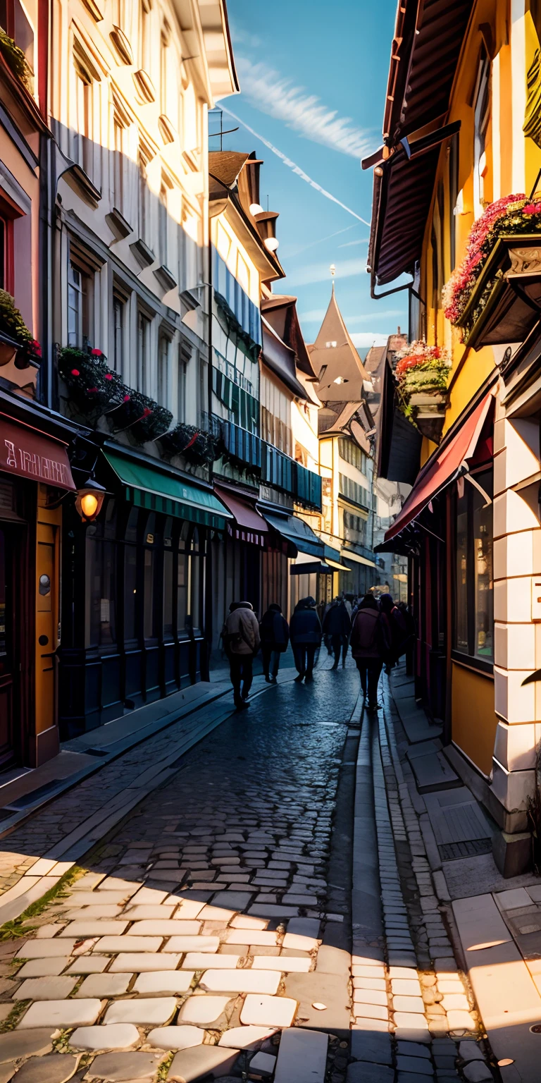 realisticlying、Main Street of Bern, Switzerland, 、city scenery、Realistic three-dimensional depiction、Multiple people walking