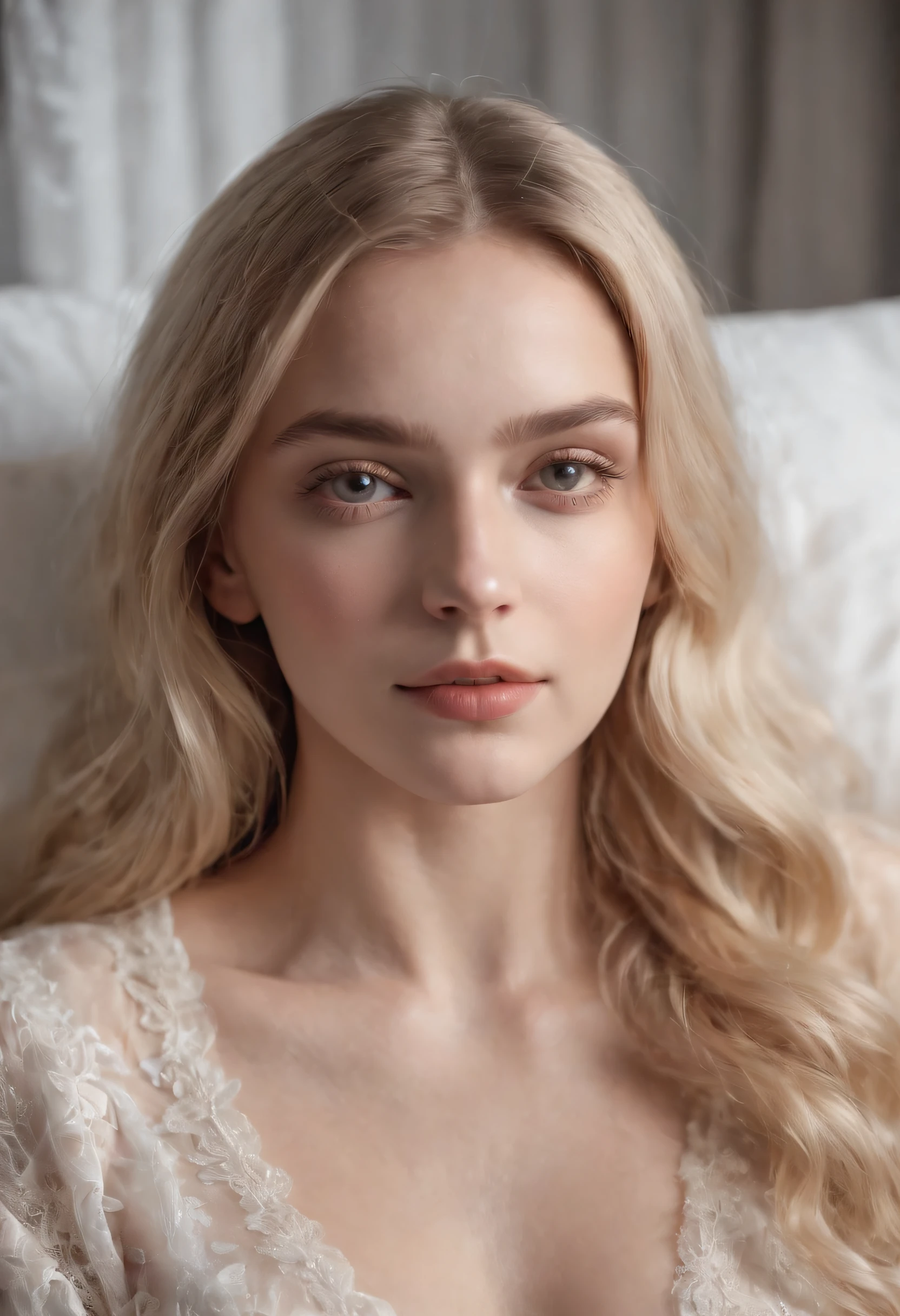 Photo of a 20-year-old European girl, raw, Beautiful woman, (Extra long wavy blonde hair), ((Portrait)), ((Detailed face:1.2)), ((detailed facial features)), (finely detailed skin), pale skin, , wrapped in a sheet, Bedroom environment, lying on the bed, (cold color), moist, moist, Reflectors, (masutepiece) (perfectly proportions)(photos realistic)(Best Quality) (Detailed) photographed in a Canon EOS R5, 50mm Lens, F/2.8, nffsw, (8K) (Wallpaper) (Cinematic lighting) (Dramatic Lighting) (foco nítido) (Convoluted) Fashion, From above