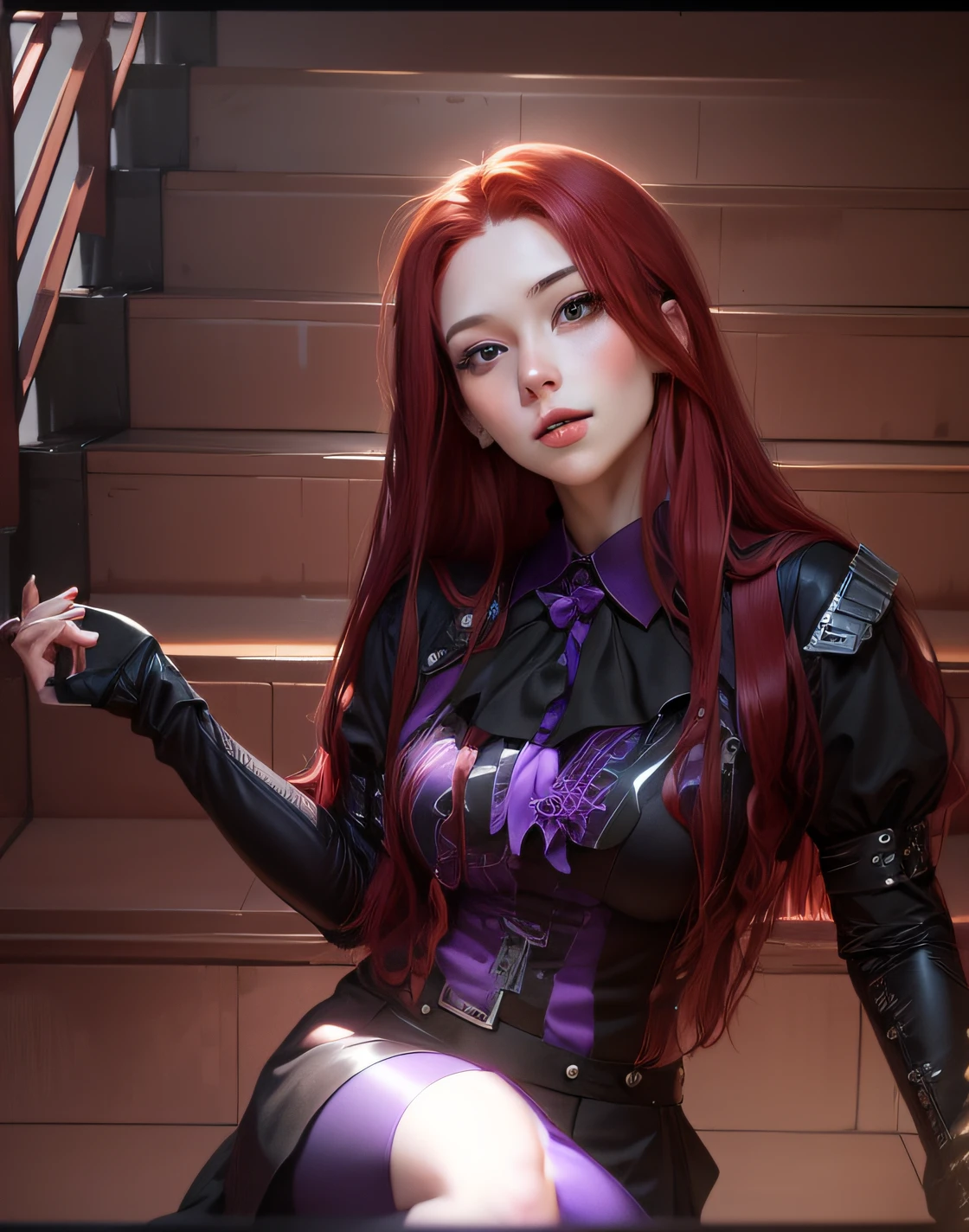 long red hair, black skirt, purple blouse