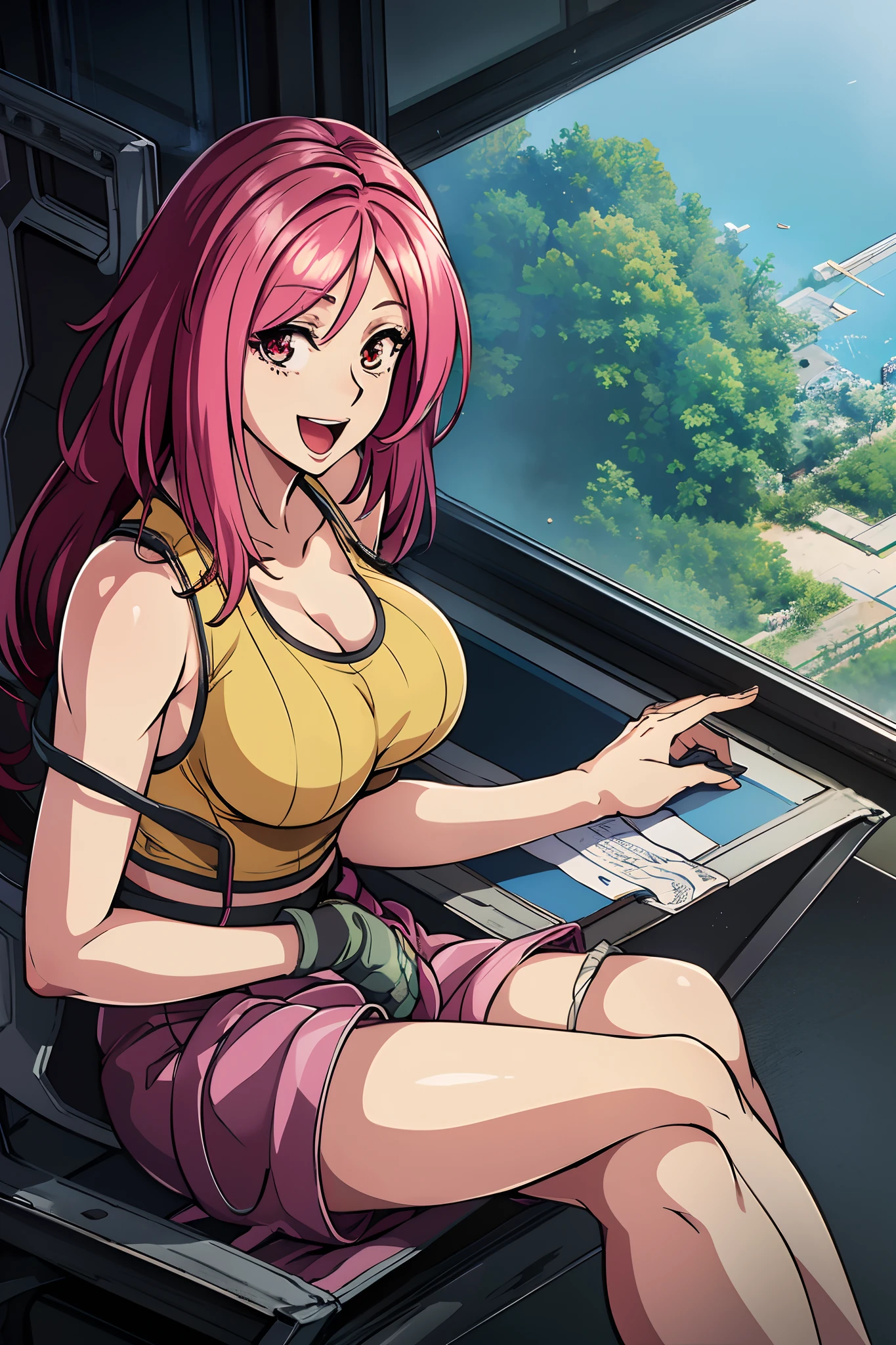 From  above、1girl in,(high-level image quality:1.3)、(​masterpiece:1.3)、4K,8K,Official art,(Tank tops:1.4)、huge-breasted,Opening Mouth,A smile,relax、sitting on