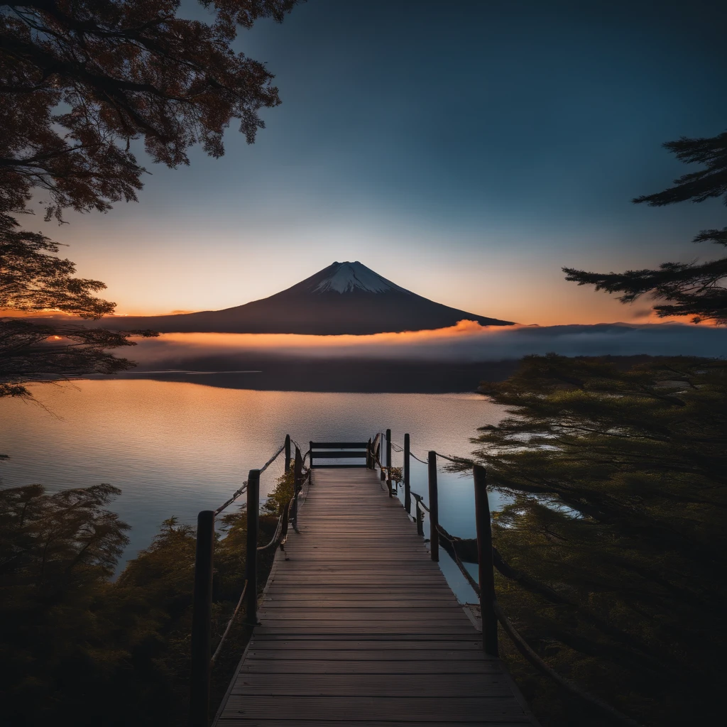 Master Parts、Superior Quality、superior image quality、The 8k quality、magnifica、Mt fuji、Blue glowing lake:1.9、Dramatic sunset:1.9