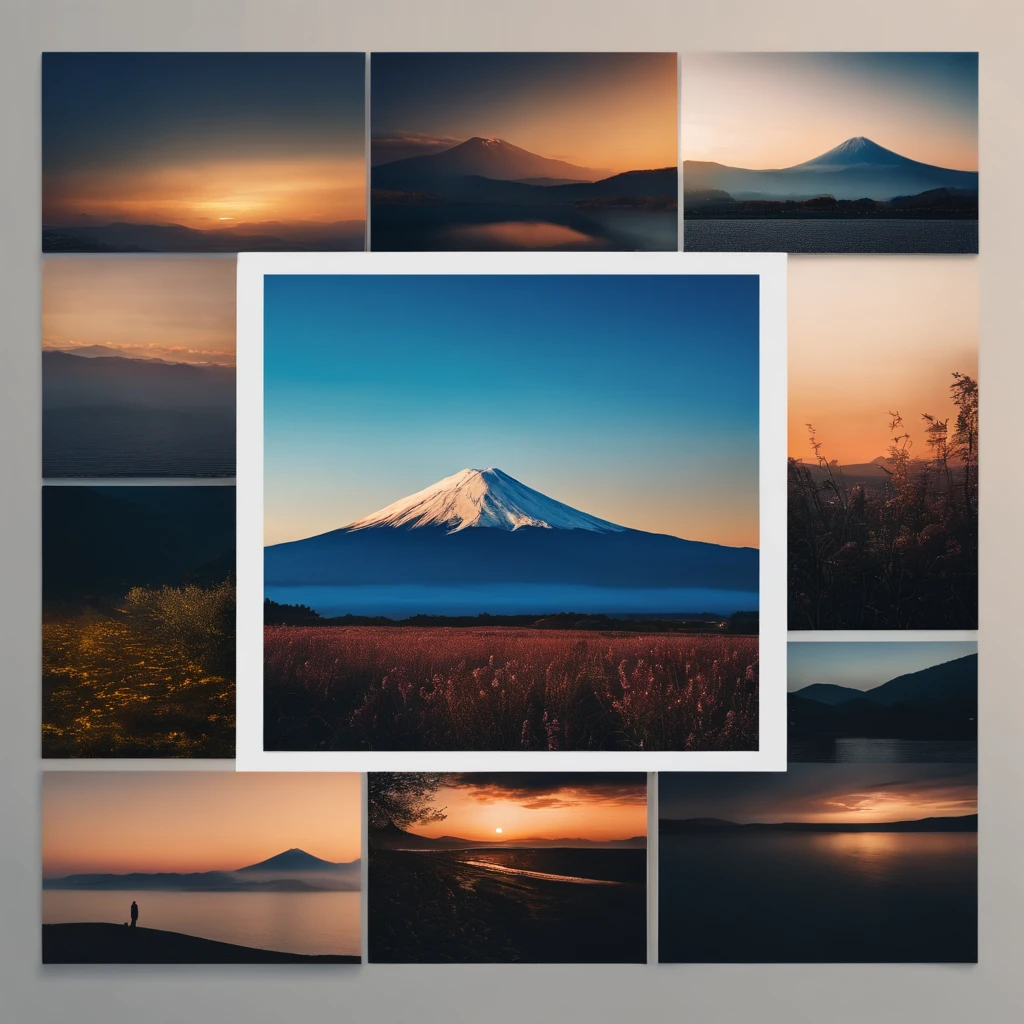 Master Parts、Superior Quality、superior image quality、The 8k quality、magnifica、Mt fuji、Blue glowing lake:1.9、Dramatic sunset:1.9
