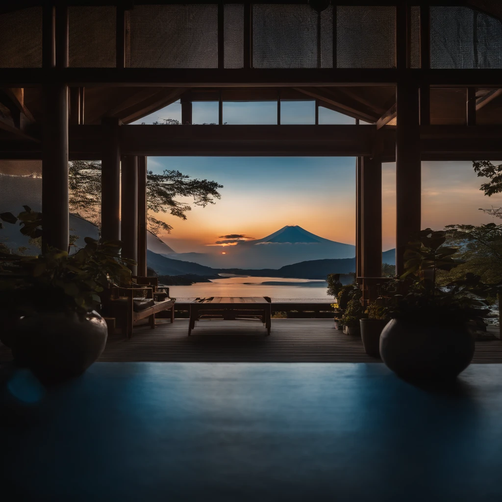 Master Parts、Superior Quality、superior image quality、The 8k quality、magnifica、Mt fuji、Blue glowing lake:1.9、Dramatic sunset:1.9