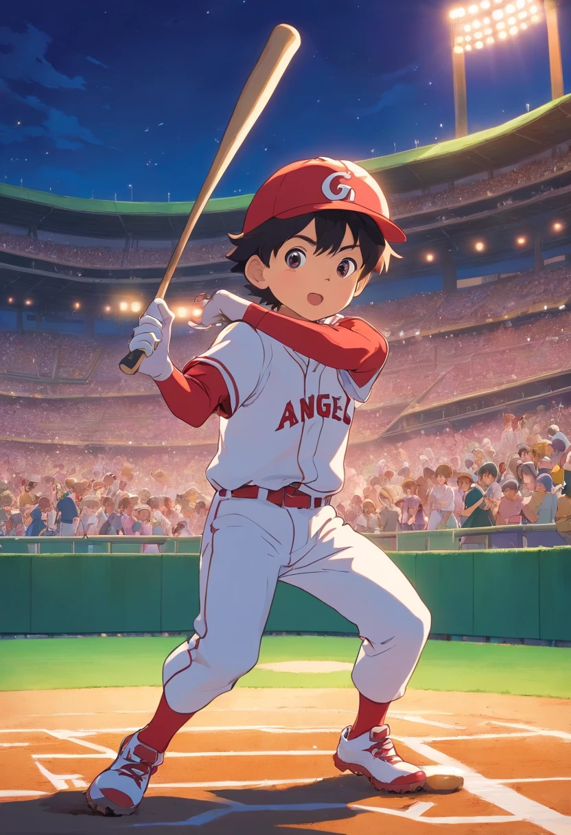 Boy in baseball Angels uniform, Holding a baseball bat and hitting a home run, In the style of a quiet baseball stadium landscape, colorful animation stills, Shohei Otani、paul gauguin, Embry style, Honest portrayal