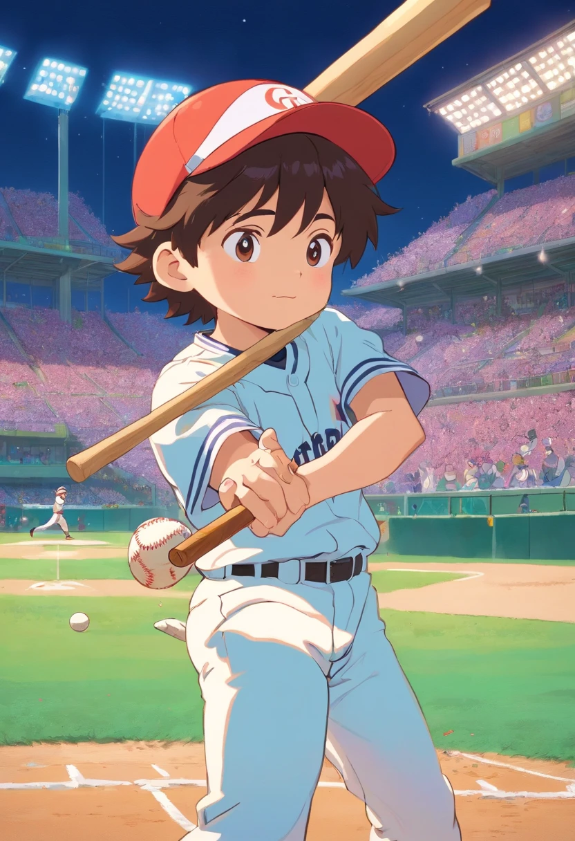 Boy in baseball Angels uniform, Holding a baseball bat and hitting a home run, In the style of a quiet baseball stadium landscape, colorful animation stills, Shohei Otani、paul gauguin, Embry style, Honest portrayal