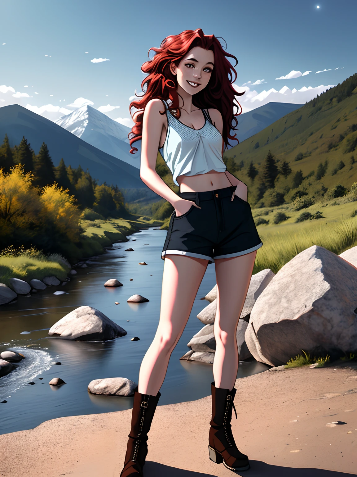 photorealistic, best quality, hyper detailed, beautiful woman, (pale skin) full body, solo, wearing tank top (long shorts) and boots, outdoors, (night), mountains, real life nature, daytime, sunny (cheerful, happy), forest, rocks, river, clear sky, analog style, looking at viewer, skin texture, freckles, film grain, ultra high res, best shadow, RAW ((red wavy hair)) (((small bust))) ((standing pose))