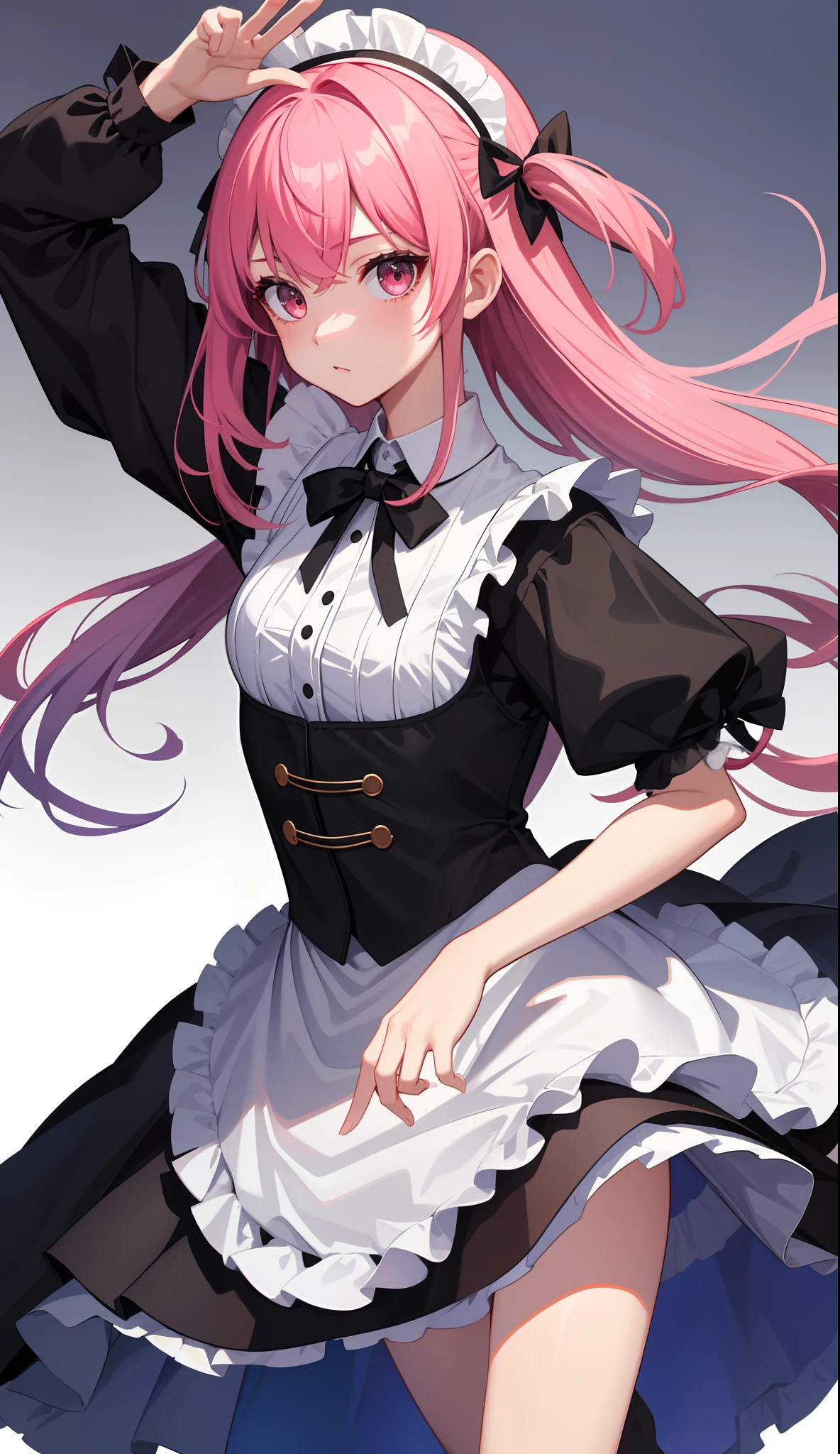 1girl in、AS-Adult、The shirt、Ultra mini skirt、pantiy、(small tits)、doress、pinafore、Hair decoration、(Maid costume)、Walking with a thigh、Upper body portrait、