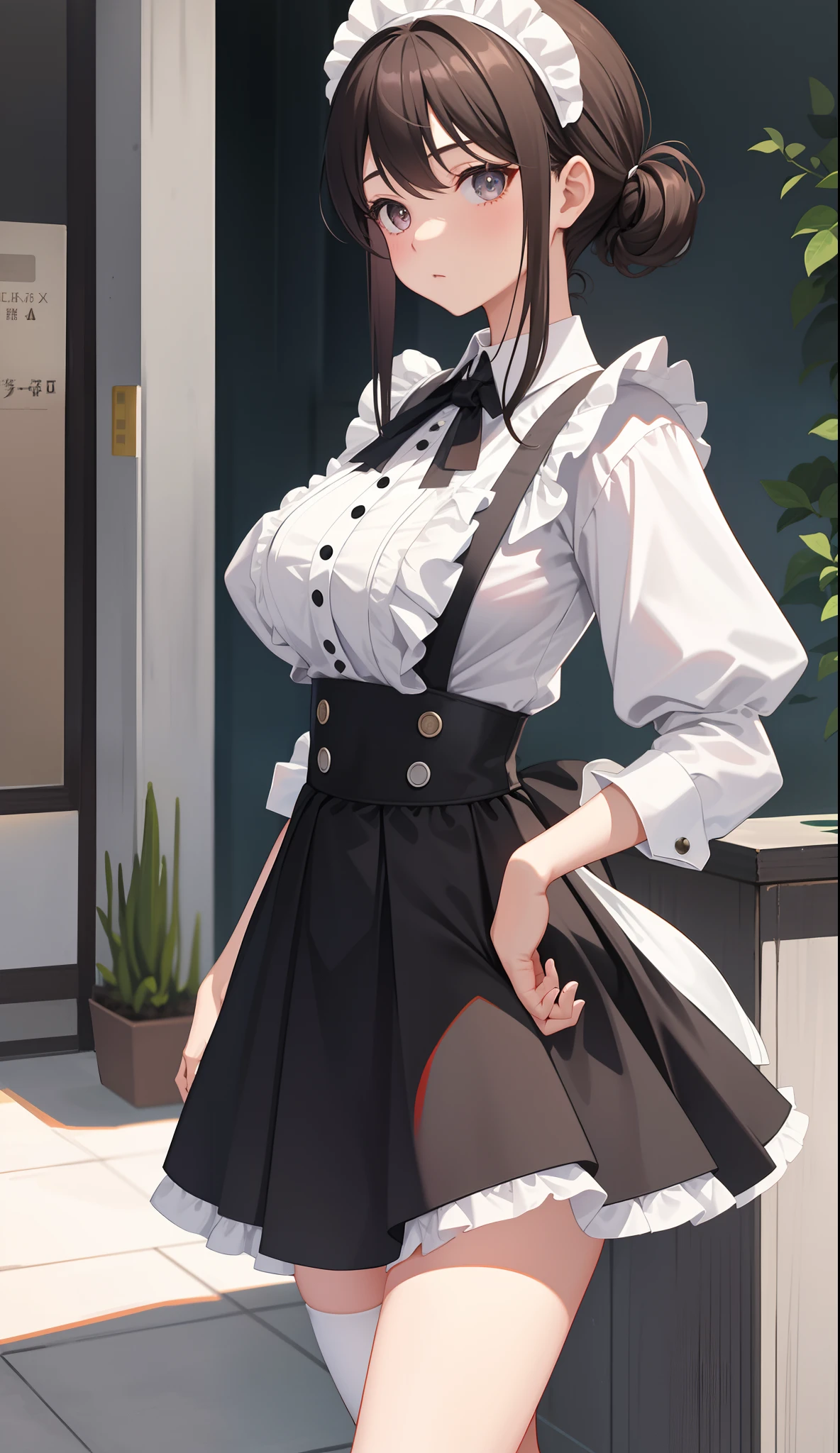 1girl in、AS-Adult、The shirt、Ultra mini skirt、pantiy、(small tits)、doress、pinafore、Hair decoration、(Maid costume)、Walking with a thigh、Upper body portrait、
