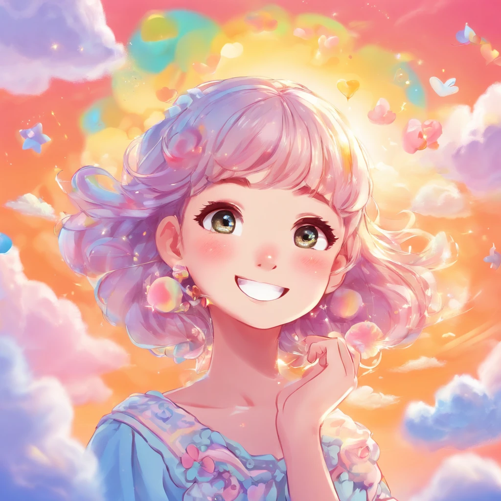1girl,floats in the sky with clouds surrounding her,close-up of her joyful face and expressive eyes,bright and vibrant colors,soft and warm lighting from the setting sun,[sparkles] adding a touch of magic.