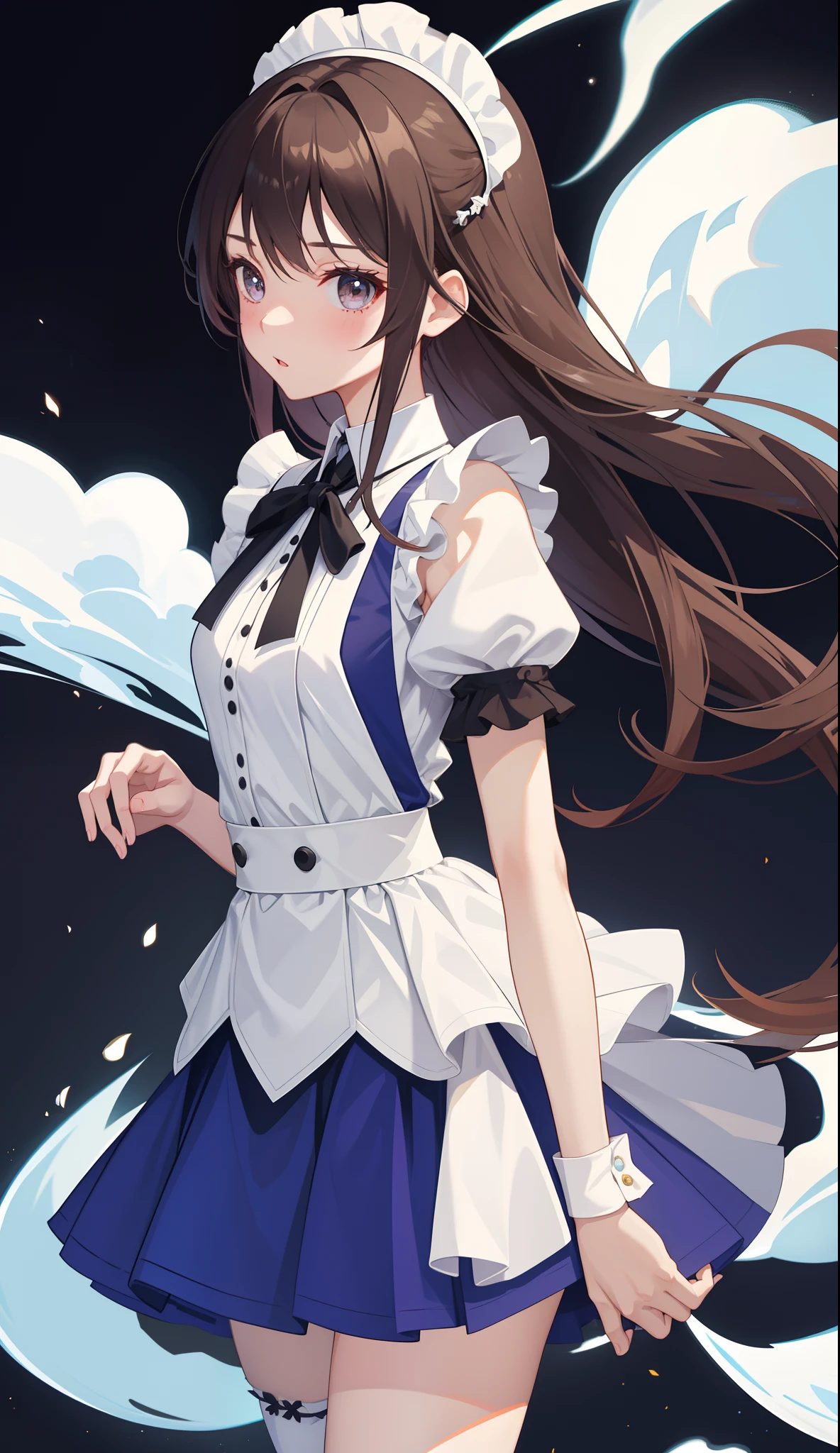 1girl in、AS-Adult、The shirt、Ultra mini skirt、pantiy、(small tits)、doress、pinafore、Hair decoration、(Maid costume)、Walking with a thigh、Upper body portrait、