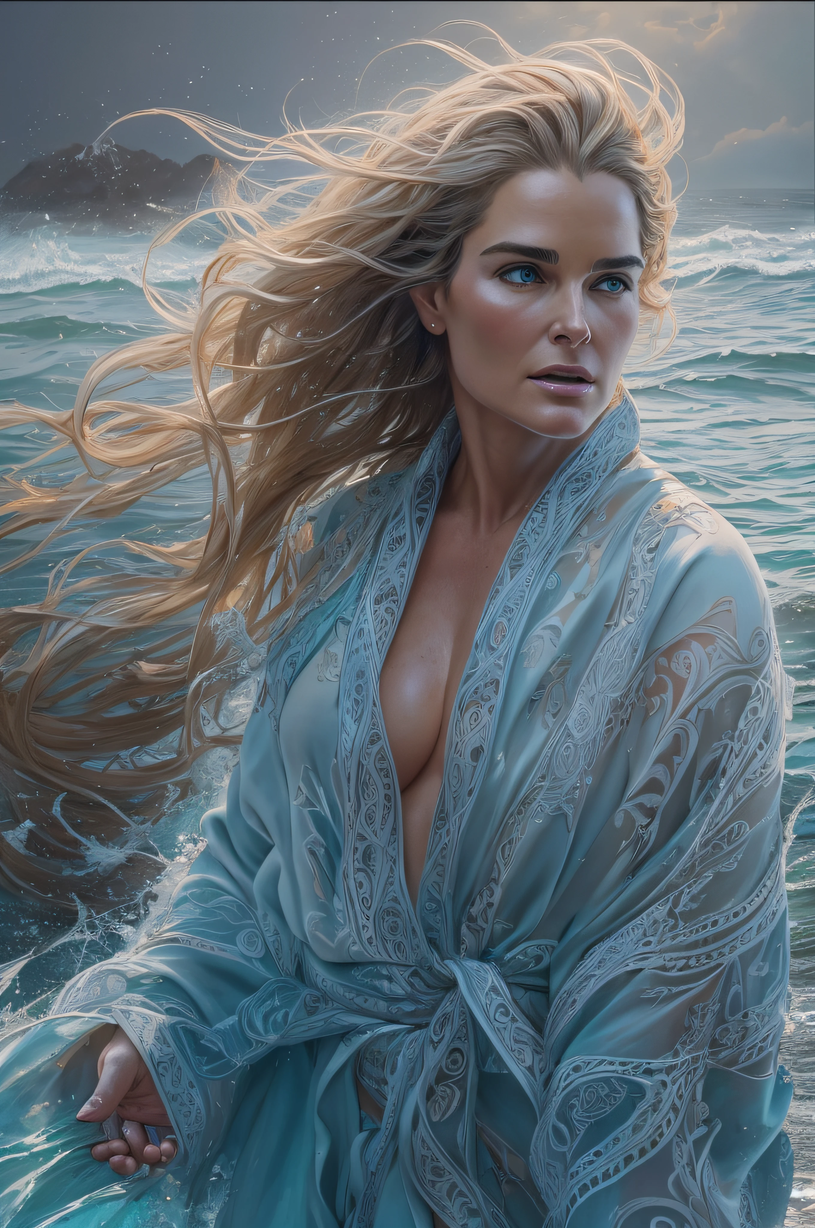 ultra realistic full body oil paint of BROOKE SHIELDS, a blond-haired American woman, with big knockers, in wide open ice-blue bathrobe, which flies open with the heavy wind, allowing everyone to see her beautiful muscular body. She is walking in the water on the beach, wild hair, full body, enlightenment, 4k resolution, intricately detailed, cinematic, full body, detailed symmetric eyes, intricate details, beautiful detailed intricate face, Carne Griffiths and Wadim Kashin concept art, ominous, approaching perfection, highly detailed, smooth, treding os artstation, sharp focus, digital art, perfect composition, Yabadaba, hyperdetailed painting, ISO 200, 100mm, DLSR, dynamic, light studio, vibrant, art by Alyssa Monks