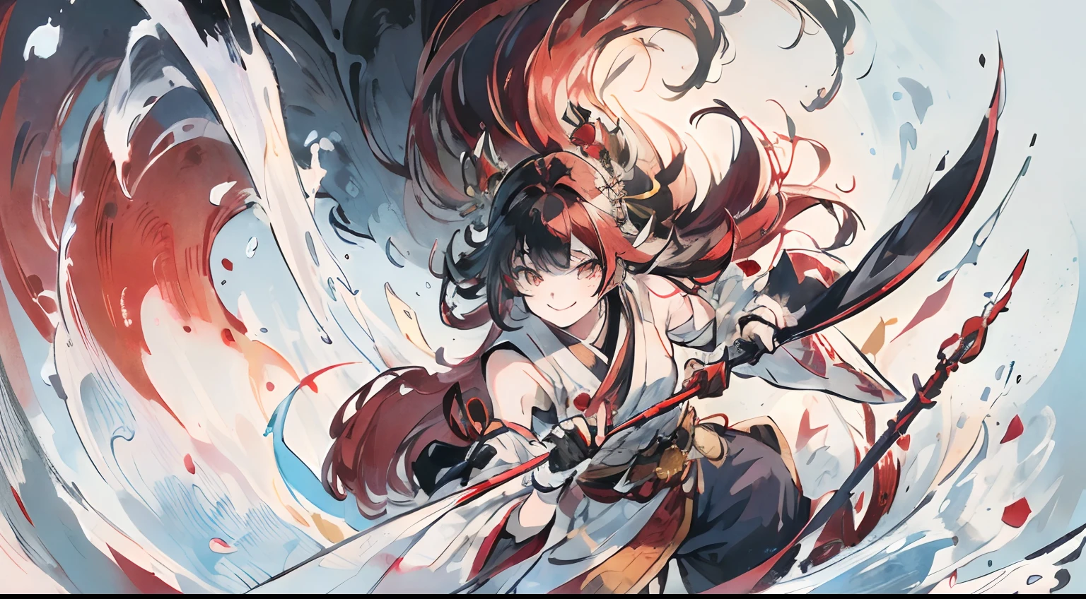 ((masterpiece)), (((best quality))), ((ultra-detailed)), ((illustration)), dynamic angle, dynamic pose, solo, smiling, 1girl, long hair, ((mainly red hair with white and black streaks)), yellow eyes, japanese clothes, blue clothes, youkai, onmyoji, holding spear, fingerless gloves