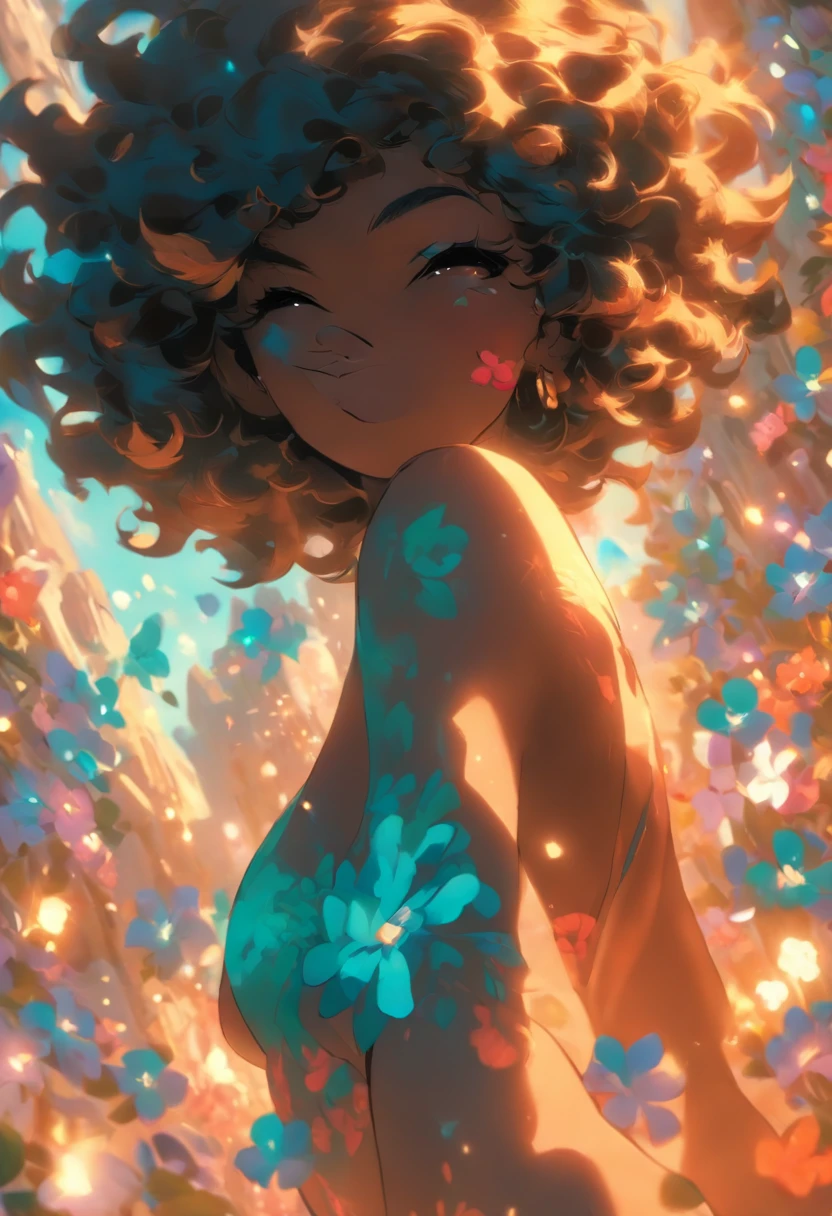 (2.5d, cell shading, blender,(,(masterpiece), (best quality), (ultra-detailed), ecchi,   Nsfw, Solo focused, character focus,(((, Dark-skinned female,battle scars, knight,layng back, bed, happiness))) (((strong, slender ,curvaceous, salacious physique)), (hypnotic black eyes), short black curly hair, long narrowed convexed hooked nose, a lovely oblong face.((cleaan freesh, beautiful ,)) Vivid, loving,, pampered, celebrated, total victory, and honored, alone ,looking at viewer, teary eye and  smiling, body shine,  scars faded,,  stomach scar, surrounded by flowers and gems:: decoraated on her wrist and ankles, necklace resting around her neck, puckering lips, veiw from above,  reaching out, , presenting, , cute, flirty, seductive smile, true love,   willing, submission , vginal penetration, penetration gesture,  eager sweetheart, eager to please, nuzzling veiwer palm with cheek, lovingly hard . Dark-skinned veiwer, , 5k, visual novel, CG, happy tears, , pov, solo focus, hand on another's cheek, 1girl,