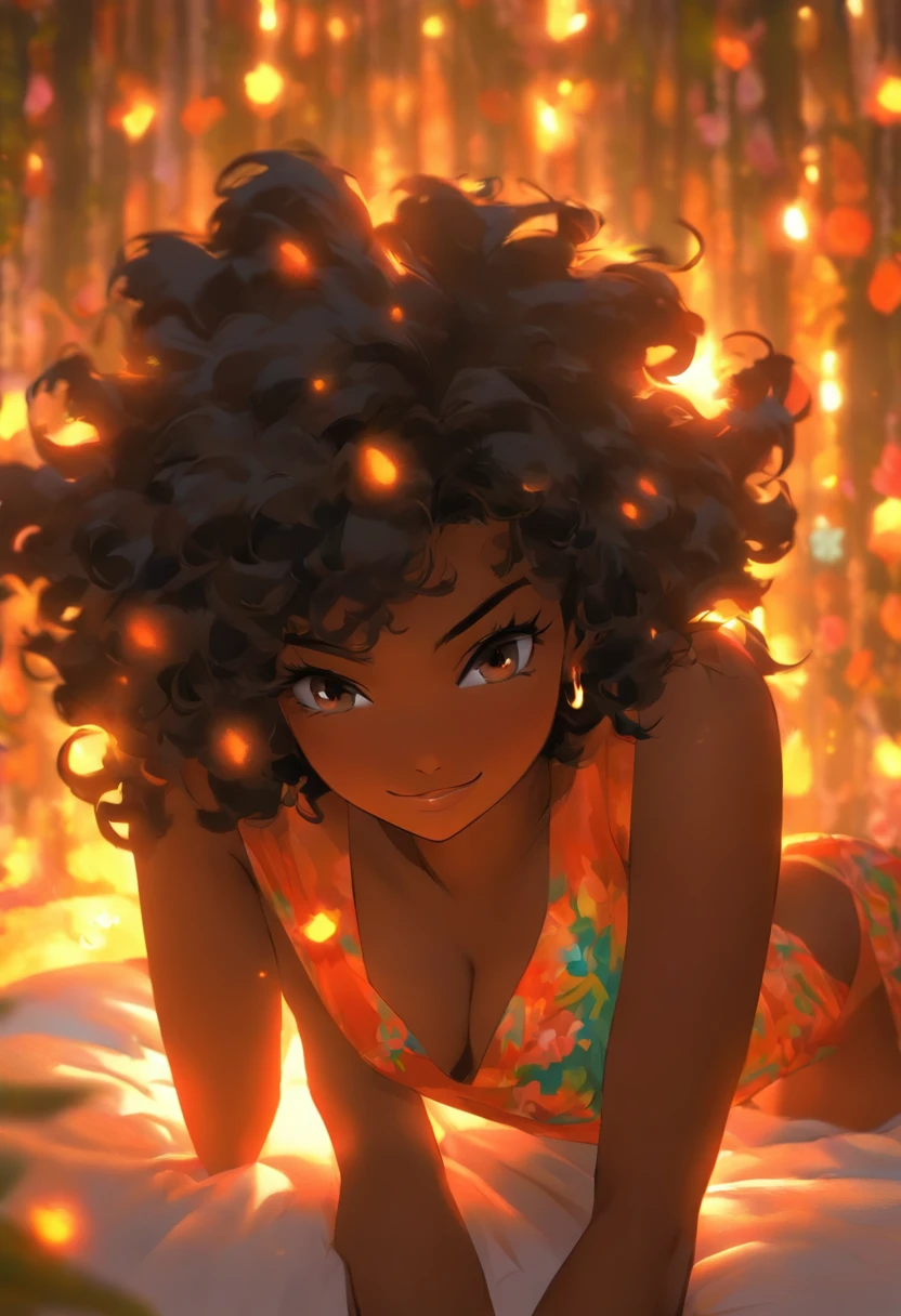 (2.5d, cell shading, blender,(,(masterpiece), (best quality), (ultra-detailed), ecchi, Nsfw, Solo focused, character focus,(((, Dark-skinned female,battle scars, knight,layng back, bed, happiness))) (((strong, slender ,curvaceous, salacious physique)), (hypnotic black eyes), short black curly hair, long narrowed convexed hooked nose, a lovely oblong face.((cleaan freesh, beautiful ,)) Vivid, loving,, pampered, celebrated, total victory, and honored, alone ,looking at viewer, teary eye and smiling, body shine, scars faded,, stomach scar, surrounded by flowers and gems:: decoraated on her wrist and ankles, necklace resting around her neck, puckering lips, veiw from above, reaching out, , presenting, , cute, flirty, seductive smile, true love, willing, submission , vginal penetration, penetration gesture, eager sweetheart, eager to please, nuzzling veiwer palm with cheek, lovingly hard . Dark-skinned veiwer, , 5k, visual novel, CG, happy tears, , pov, solo focus, hand on another's cheek, 1girl,