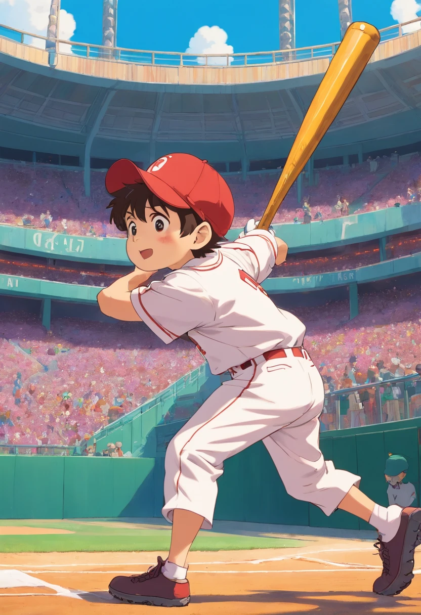 Boy in baseball Angels uniform, Holding a baseball bat and hitting a home run, In the style of a quiet baseball stadium landscape, colorful animation stills, Shohei Otani、paul gauguin, Embry style, Honest portrayal