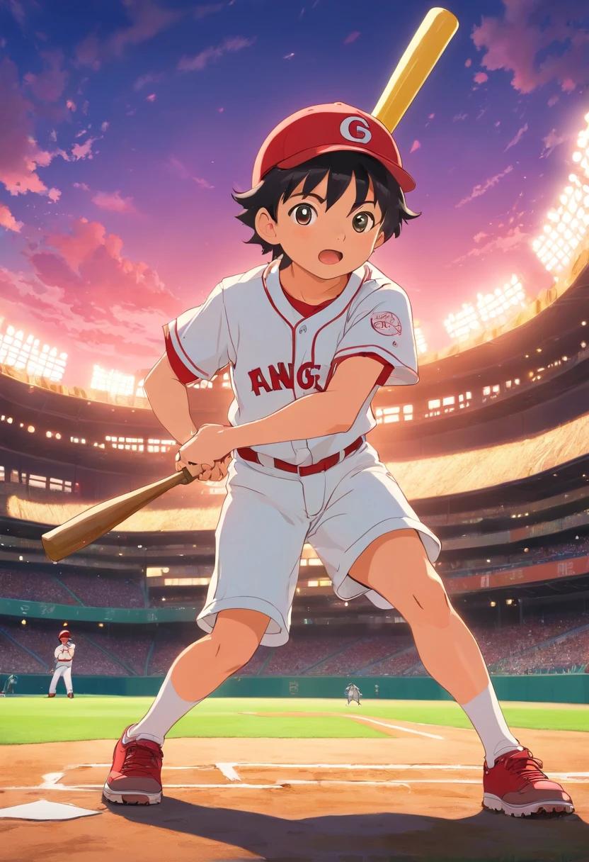 Boy in baseball Angels uniform, Holding a baseball bat and hitting a home run, In the style of a quiet baseball stadium landscape, colorful animation stills, Shohei Otani、paul gauguin, Embry style, Honest portrayal