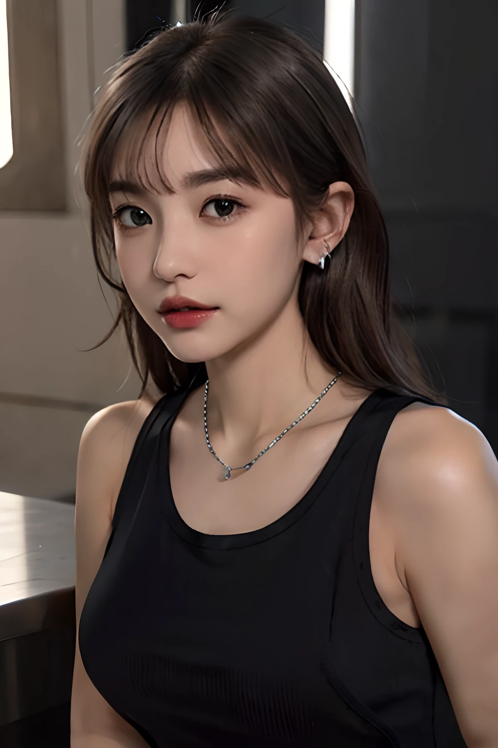 (8K:1,5),Light brown shorthair and silver mix,、disheveled hair、Light brown eyes、(dignified expression)、(爆乳:1.5)、Emphasize the valley、(Photorealsitic)、Shadow、(The face of the golden ratio:1.2)、(intricate detailes:1.2)、(masterpiece、:1.3)、(top-quality:1.4)、(超A high resolution:1.2)、超A high resolution、(A detailed eye)、(Detailed ears)、(Detailed eyebrows)、(Detailed mouth)、(Detail Facial)、(Silver necklace)、Luxury Night Bar,(Black tank top:1.4),