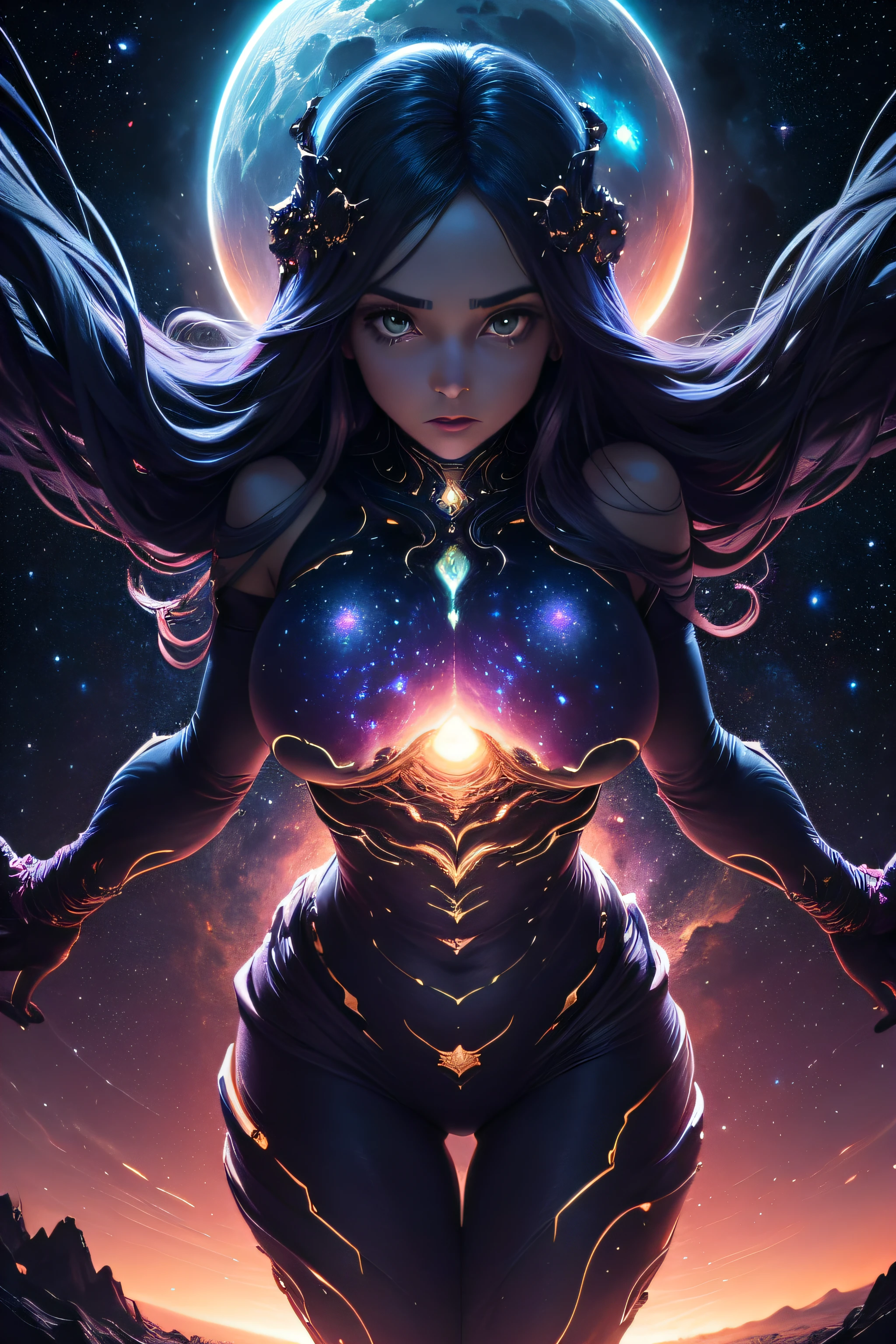 An image of a voluptuous dark-skinned woman with thick thighs, harnessing the power of the cosmos to manipulate the fabric of reality itself, amidst the swirling vortex of a cosmic nebula. Her curves are bathed in the cosmic energies of the universe, and her expression is one of transcendent enlightenment as she unlocks the secrets of existence. The scene is extremely detailed, ultra realistic, 10k high resolution, in the style of digital art, oil painting, and watercolor, capturing the awe-inspiring beauty of the cosmos and the sorceress who commands it. thepit, Megan