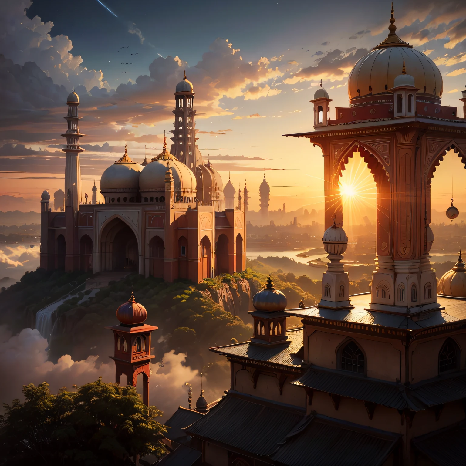 Cidade de paz celestial, estilo indiano, vista de cima, fim de tarde, realista, Indian Palace.