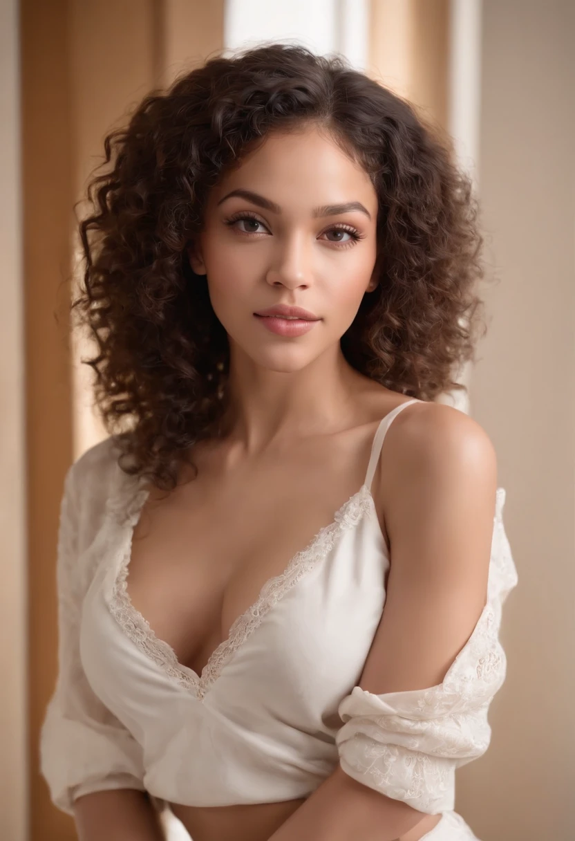 ((African light skin, mixed race ebony skin)), ((her beauty is undeniable)), ((excited cute face)), ((hyper-detailed perfect eyes,)), ((seductive pose in a fancy hotel room)), ((sexy smile)), ((seductive )), sexy, ((tight mesh shirt, sexy short shorts)), ((African long curly afro,)), ((revealing belly)), ((standing, front view)), ((touching legs in a sexy pose)), ((romantic)), sharp focus cgi, photorealistic, high detail, realistic, masterpiece, best quality, HDR, high quality, high-definition, extremely detailed, 8k wallpaper, intricate details, 8K UHD, Full-HD, (realistic photo:1.2), contrast, harsh lighting, cinematic lighting, natural lighting, hard light, backlighting, global illumination, ambient occlusion