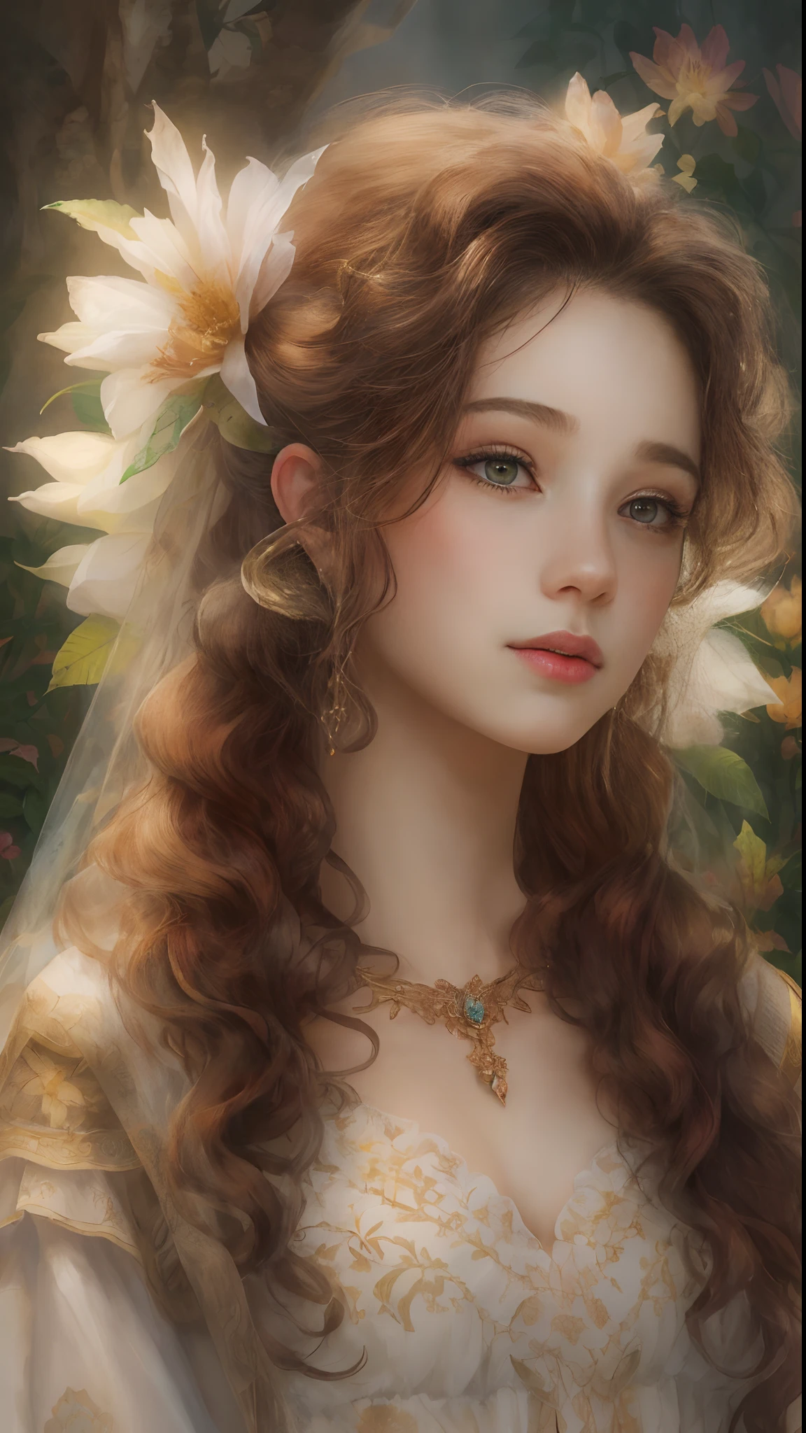 (Best quality, 4K, 8K, A high resolution, Masterpiece:1.2), Ultra-detailed, Realistic portrait of the upper body of an 18 year old aristocratic girl, Exquisite facial features,Long brown curly hair details expressed, The posture is leisurely and natural,Graceful posture, The golden ratio of the head and body,Dreamy atmosphere, expressive brush strokes, mystical ambiance, Artistic interpretation,Delicately coiled hair,Floral jewelry with exquisite details, Crystal diamond jewelry,Small fresh aesthetics,Stunning intricate costumes, Fantasy illustration, Subtle colors and tones, mystical aura,The details have been upgraded