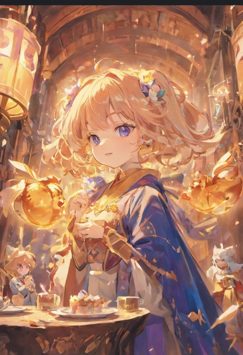 Masterpiece, best quality, wizard tea party, magic tea party, magic, chibi, handsome witches, highly detailed realistic eyes, happy, vibrant, colorful,