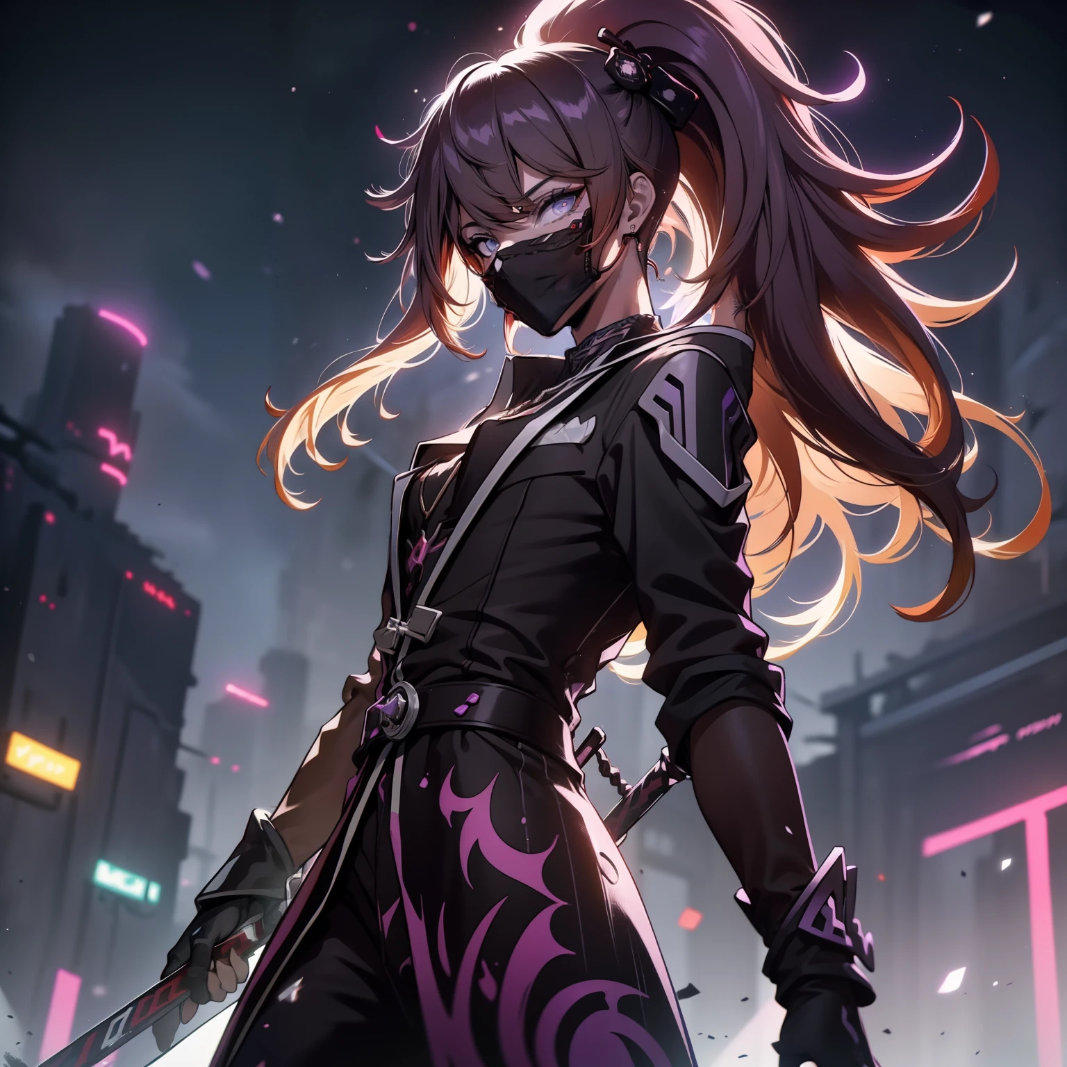 Male , Un adolescente con cabello corto y blanco como la nieve , sporting a mysterious full-face black mask that has glowing purple eyes , vestido con una llamativa camisa roja y un largo abrigo negro, Deftly wielding a pair of dual long swords, one bright in vibrant red and the other hypnotically purple.. The scene unfolds against the backdrop of a dystopian cyberpunk city at night.., pulsing with neon lights and a futuristic aura, All rendered in stunning high-resolution 8K quality