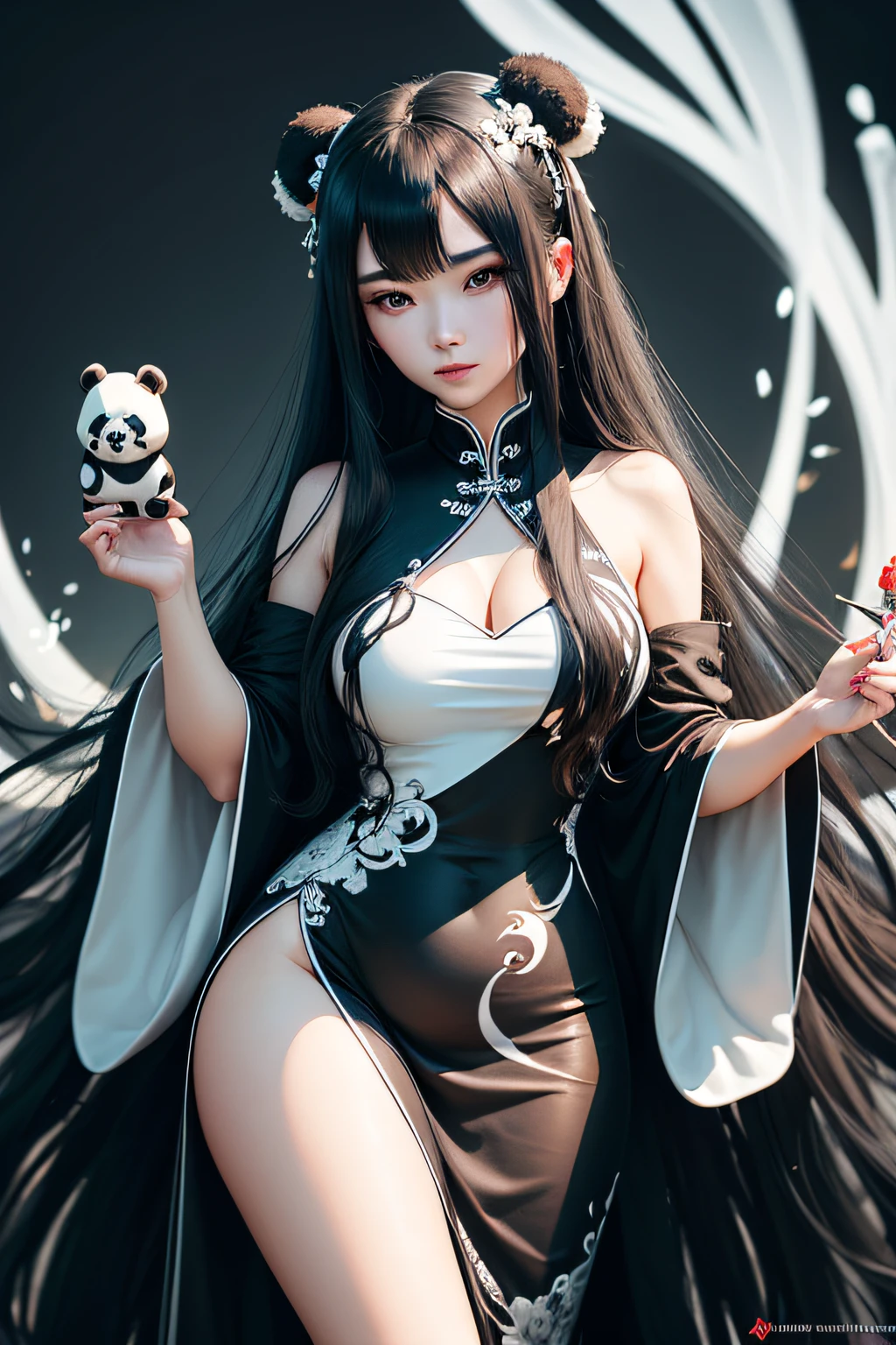 Only a woman with long black hair wearing long black and white Chinese gala style dress elegantly with panda print, One hand holding a trident and another hand holding an angelic aurora, asas de anjo e demonio nas suas costas