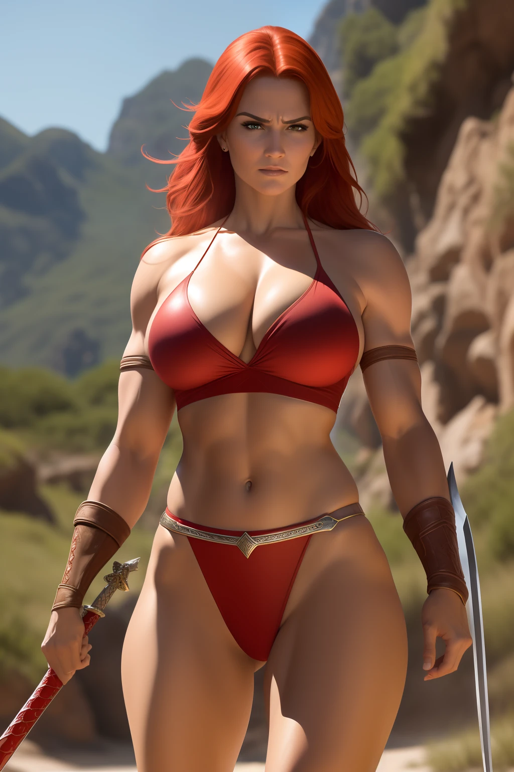 ((sfw))Red Sonja,1mulher guerreira, cabelos longos ondulados jogados ao vento, pelo ruivo, olhos verdes selvagens, Slender athletic body, wearing a bikini made of silver knit chain(escamas de peixe), Thong also made with the same type of quota, usando, botas feitas de couro envelhecido(cor marrom), wielding a long-bladed sword, bastante afiada, caminhando em uma cidadela movimentada, guerreira imponente, invincible Red Sonja,((epic scene))((cena detalhada))((sfw)).