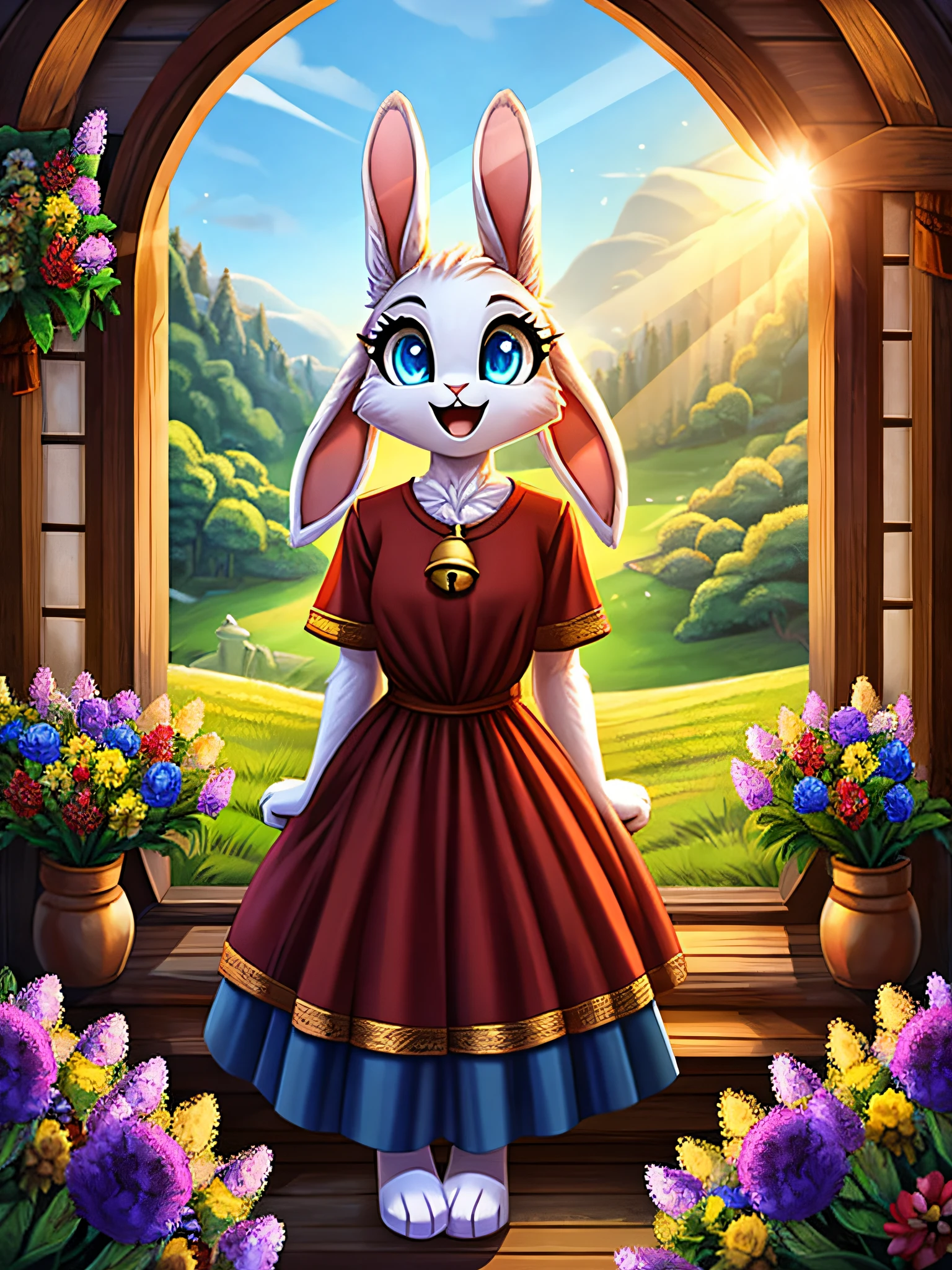 zoomed out image, fantasy style art, cute, adorable, attractive, teenage fluffy female white bunny with blue eyes, attractive body, large chest, curvy and skinny body, 4 ears, 2 extra ears, big floppy ears, long ears, ears perked up, raised ears, long eyelashes, red t-shirt with flower design, ankle length blue jeans with bell bottoms, standing in a forest cottage, hillside country cottage interior, flowers inside, big expressive smile, open mouth, wide eyes, excited eyes, excited face, stunning visuals, sunrays through the window, digital illustration