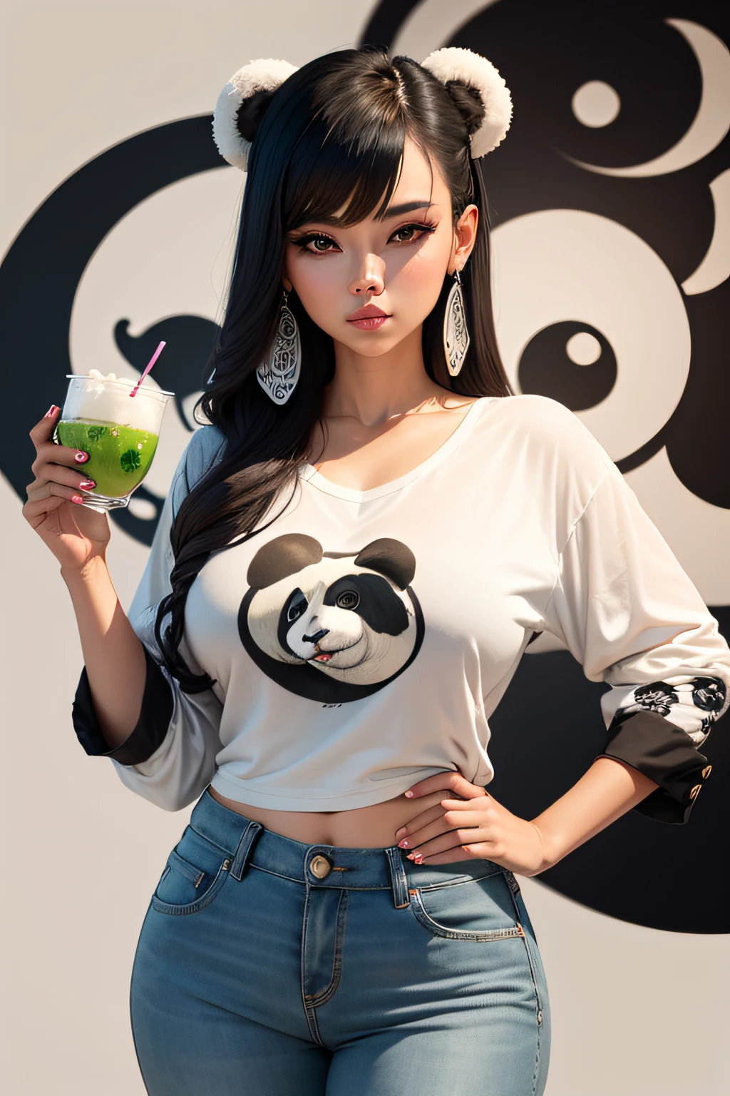 mulher linda com fantasia de panda, wearing pants and blouse with Ying and Yang print, large symbol of Ying and Yang in the background, holding a mini pandinha in your hands