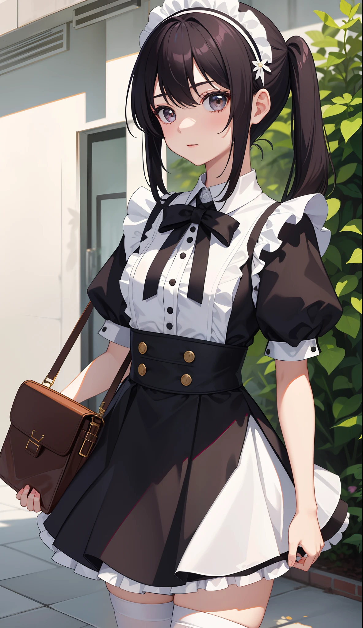 1girl in、AS-Adult、The shirt、Ultra mini skirt、pantiy、(small tits)、doress、pinafore、Hair decoration、(Maid costume)、Walking with a thigh、Upper body portrait、