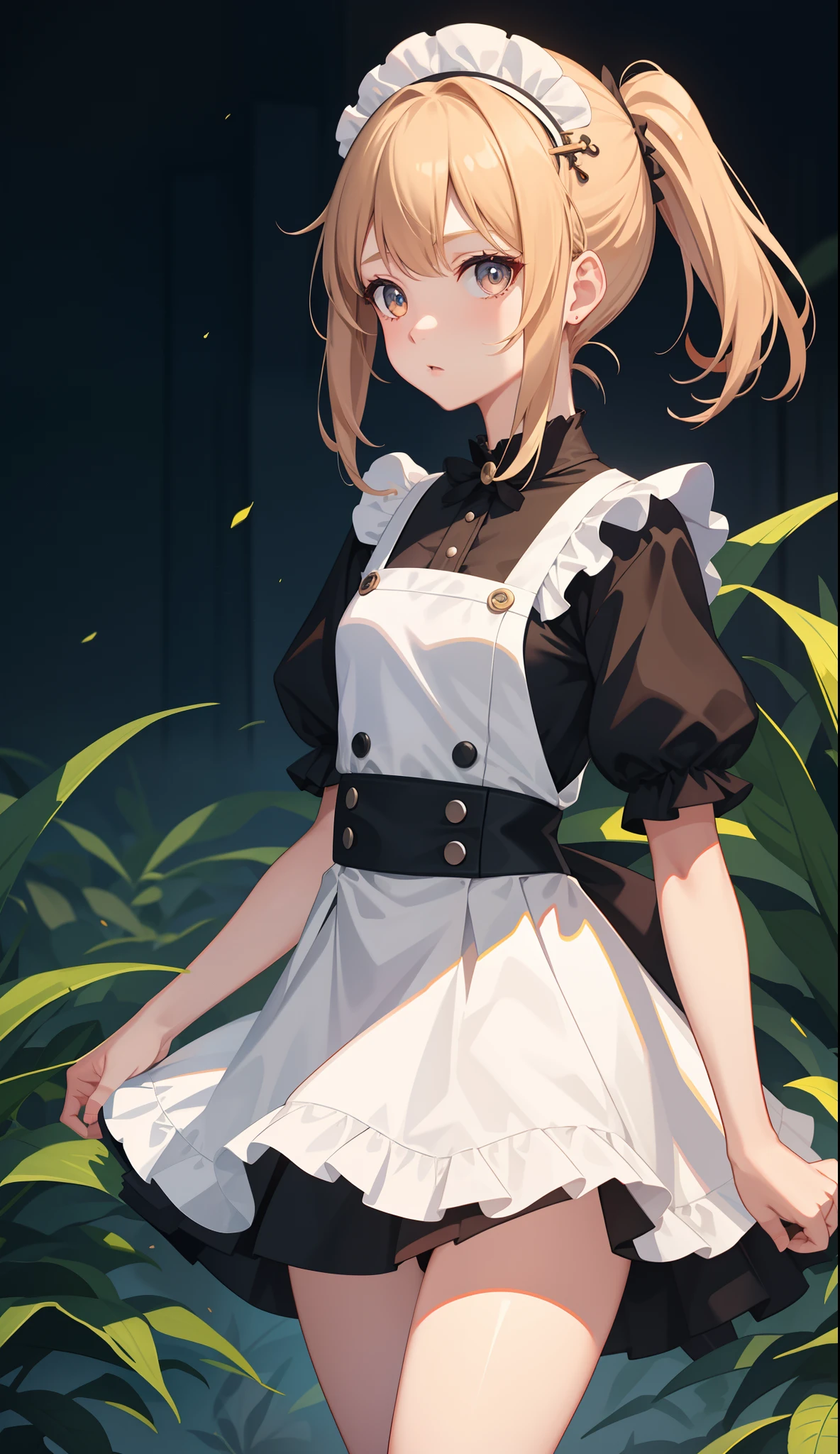 1girl in、AS-Adult、The shirt、Ultra mini skirt、pantiy、(small tits)、doress、pinafore、Hair decoration、(Maid costume)、Walking with a thigh、Upper body portrait、