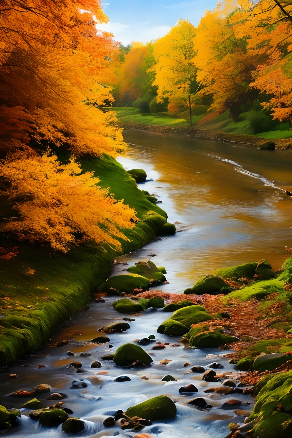 autumnal,eventide,riverbank,small bridges,flowingwater,Scenic beauty,The leaves are golden,Fallen leaves are everywhere,4K Ultra HD, 超高分辨率, (Photorealistic: 1.4), Best quality,Masterpiece,Utra dilution,(pastel colour:1.2)
