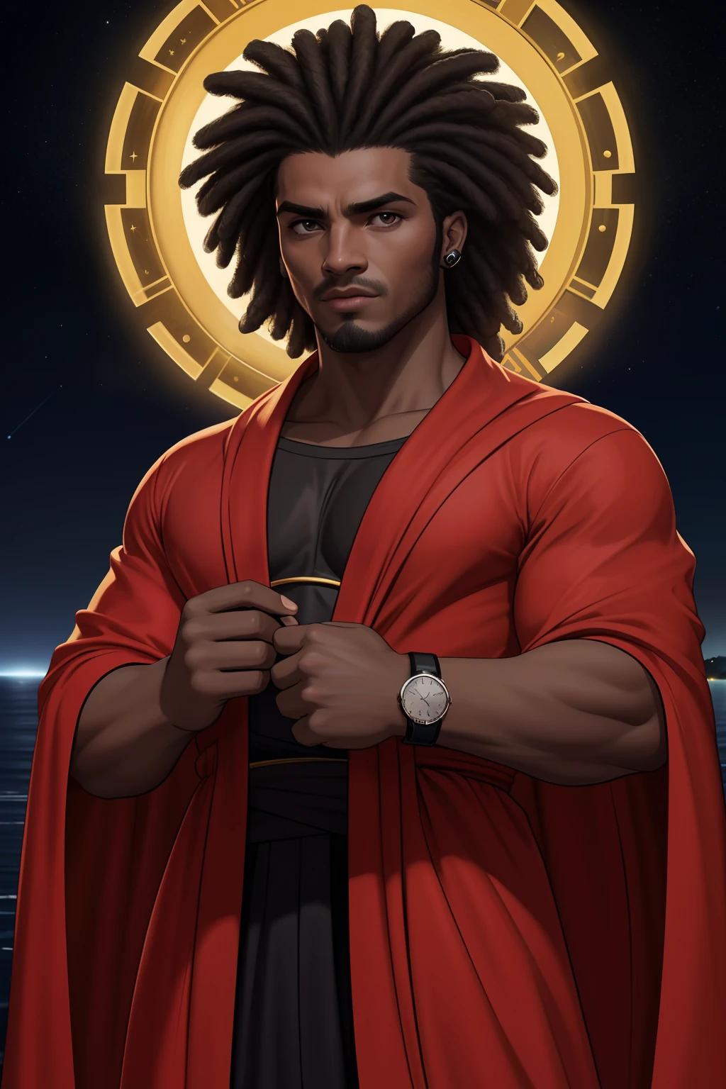 A closeup of a man holding a scale with a watch, libra symbol, zodiac libra sign, Libra, advogado, advogado de defesa, accurate court, Justice, lei alinhada, imagem de perfil, Estatura completa, imagem profissional, imagem do avatar, Direito - alinhado, equilibrium, good proportions, , Create an image of a black ninja after an apocalypse in the future afro hair falling forward, Rasta type but braided,tiro de corpo inteiro, tiro de corpo inteiro, , Lightning in the sky, arms extended, olhando para frente, parado no topo de uma montanha, manto e capa vermelhos, cruz brilhante no ar. ,Arte Luz Neon, no escuro da noite, Um navio alto navega pelos mares iluminados pela ,............lua, estrelas, Colouring, circunstanciado, 4k