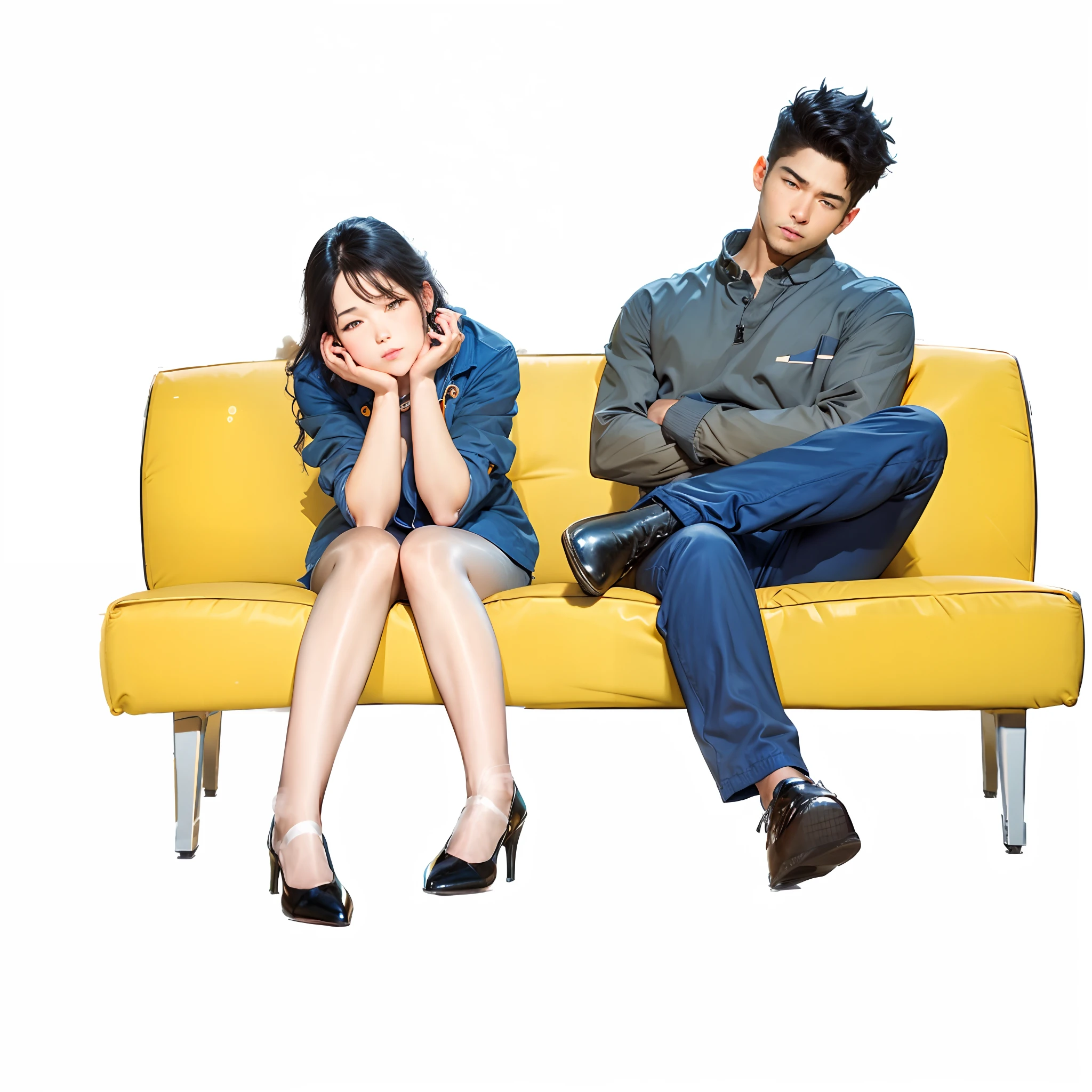 Make it realistic, 1 girl, 1 man, they are sit on sofa, ultra HD