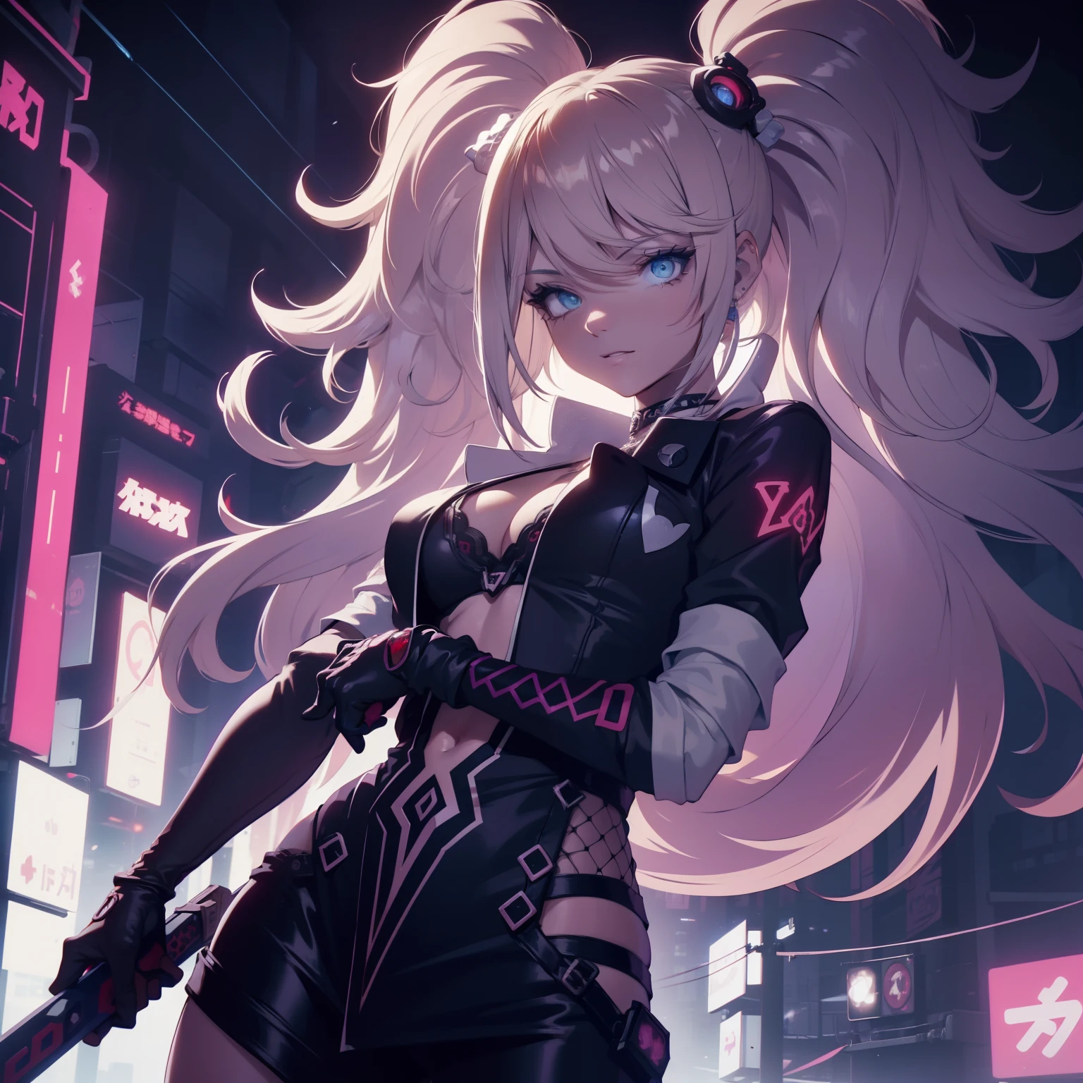 female , Un adolescente con cabello corto y blanco como la nieve , sporting a mysterious full-face black mask that has glowing purple eyes , vestido con una llamativa camisa roja y un largo abrigo negro, Deftly wielding a pair of dual long swords, one bright in vibrant red and the other hypnotically purple.. The scene unfolds against the backdrop of a dystopian cyberpunk city at night.., pulsing with neon lights and a futuristic aura, All rendered in stunning high-resolution 8K quality