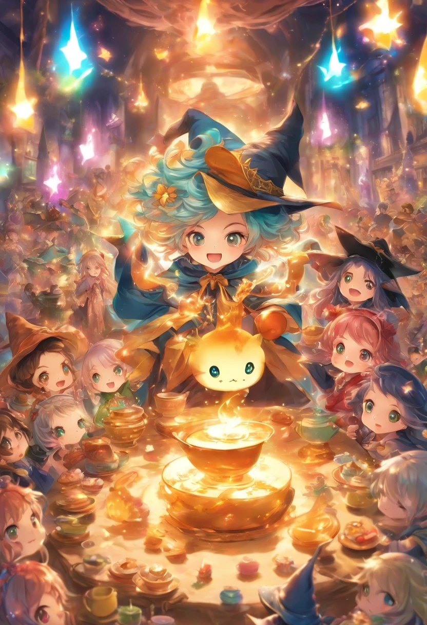 Masterpiece, best quality, wizard tea party, magic tea party, magic, chibi, handsome witches, highly detailed realistic eyes, happy, vibrant, colorful,