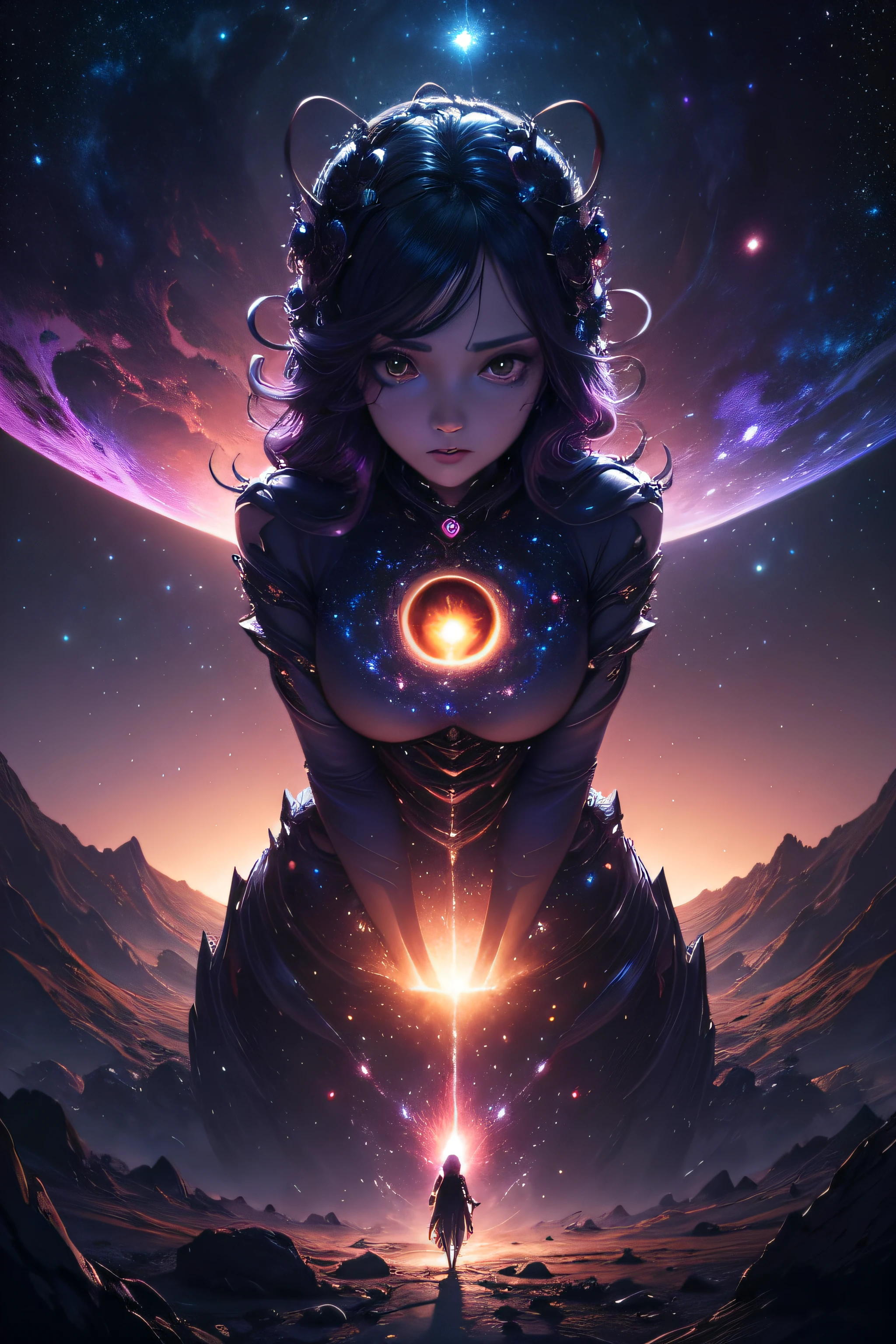 "cosmic entity": There are four bright eyes, Multiple arms, Breathtaking views from space reveal a twisted galaxy,Full of strange life forms and entities that humans understand. A planet with a night sky, crackles, leviathan, 8K, big breasts beautiful, dramatic scene
