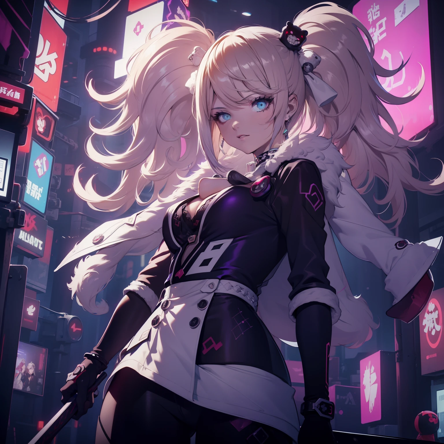 female , Un adolescente con cabello corto y blanco como la nieve , sporting a mysterious full-face black mask that has glowing purple eyes , vestido con una llamativa camisa roja y un largo abrigo negro, Deftly wielding a pair of dual long swords, one bright in vibrant red and the other hypnotically purple.. The scene unfolds against the backdrop of a dystopian cyberpunk city at night.., pulsing with neon lights and a futuristic aura, All rendered in stunning high-resolution 8K quality